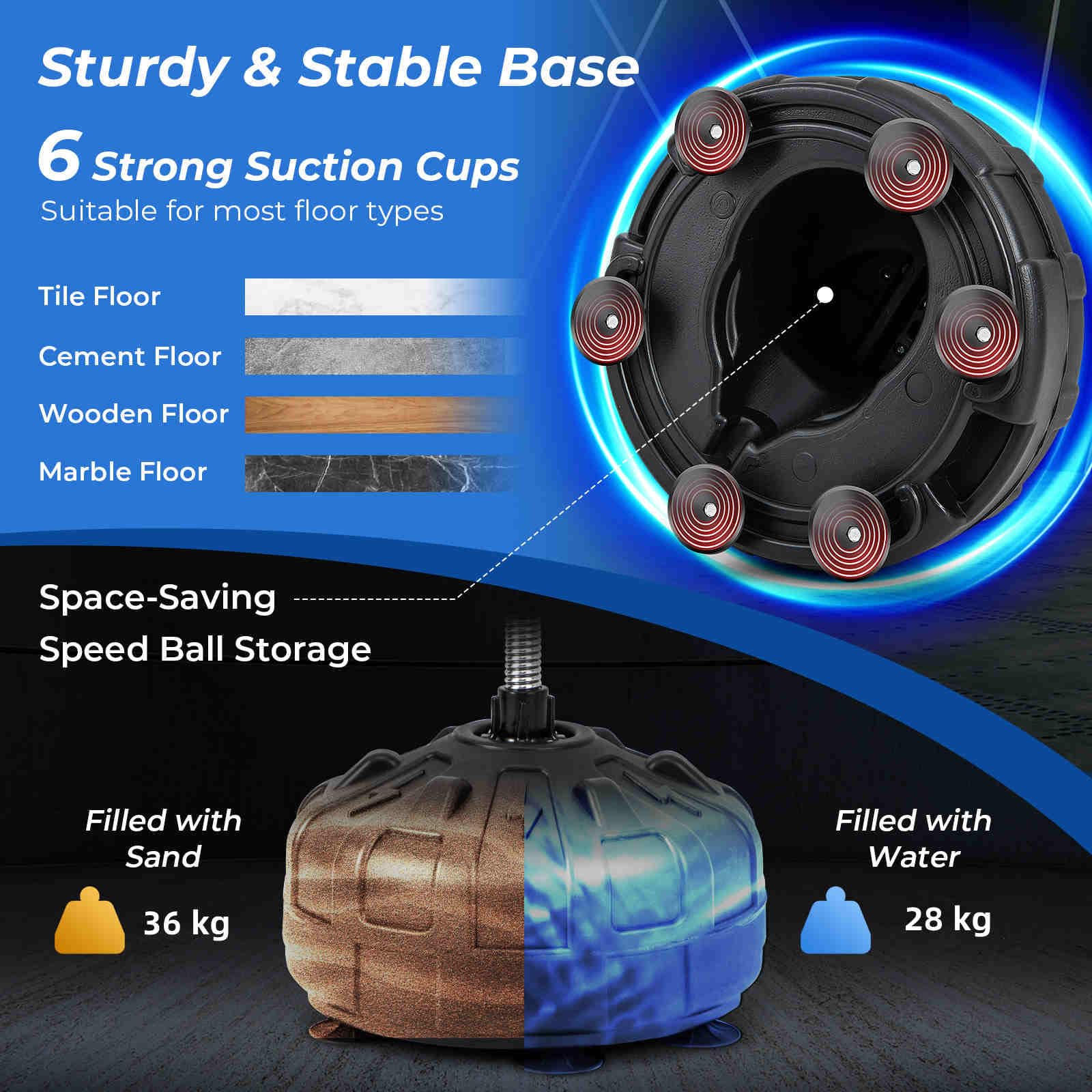 HOMASIS Punching Ball da Terra per Bambini e Adulti, Altezza Regolabile 137-156 cm, Sacco da Boxe con Palla Resistente, Guantoni e Base Riempibile con Ventose, Colpi Veloci, per Casa e Palestra, Nero