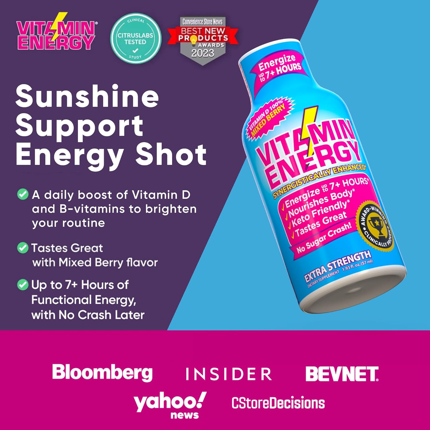 Vitamin Energy Vitamin D Extra Strength Energy Shot Mixed Berry 12 Pack, 260mg Natural Caffeine, B-Complex, Vitamin D, Wellness Support, Keto, Zero Sugar, Gluten-Free Vegan Kosher, 1.93 fl oz