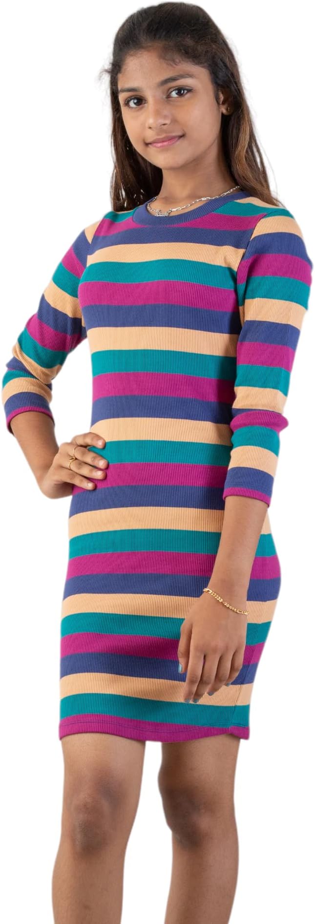 BLISSBERRYBreathable Cotton Elastane Dress for Girls | Round Neck 3/4 Sleeve Summer Dress | Body Corn Fit Graphic Printed | Western Above Knee Dress for Girls (Pack of 1)