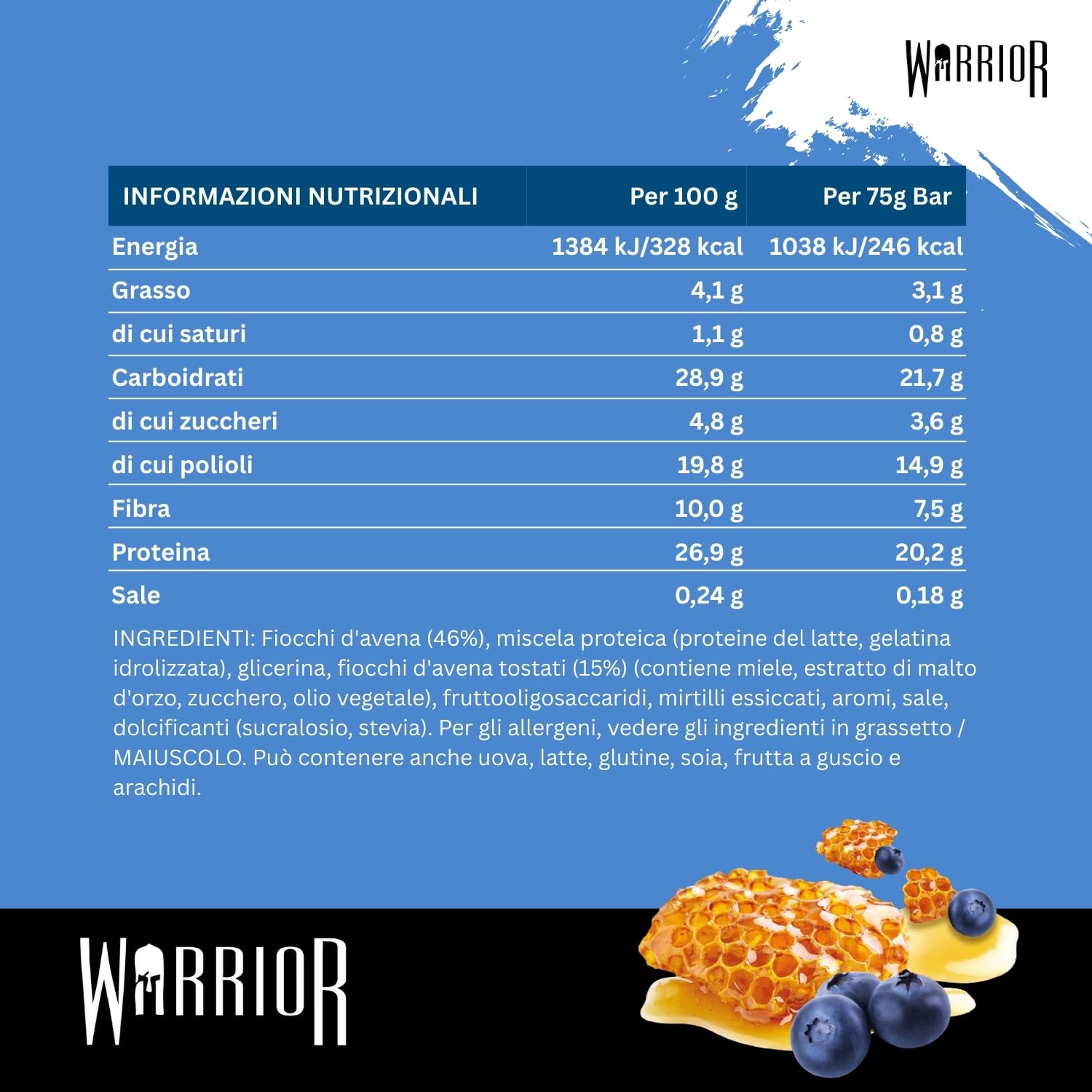 Warrior Raw Barretta Proteica 12 x 75 g – Barrette Proteiche ai Fiocchi d'Avena, Snack Proteico Senza Zucchero con Fibre e Prebiotici – Frutti di Bosco al Miele