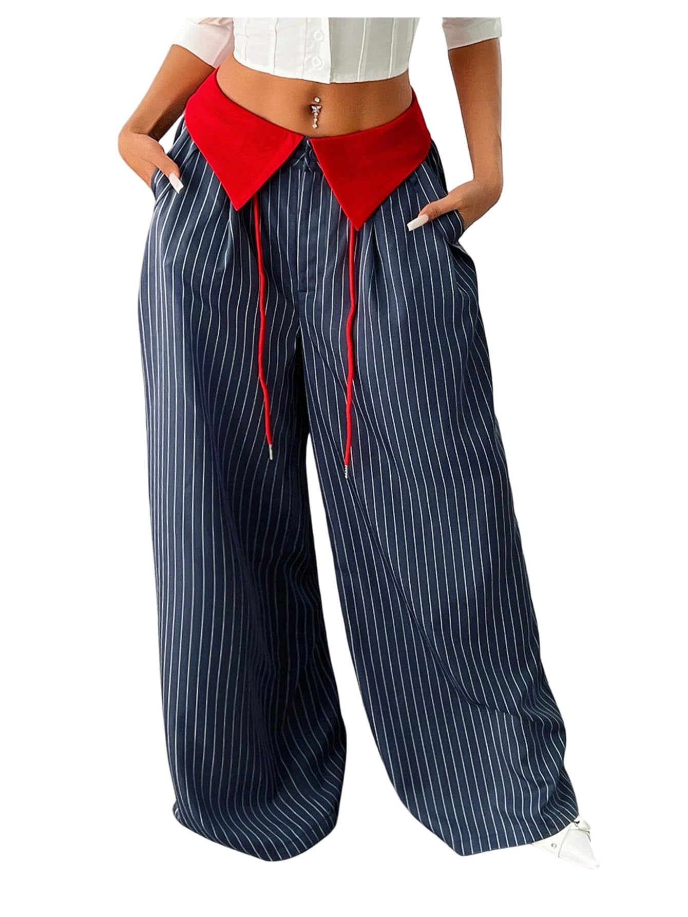 Floerns Womens Plus Size Striped Color Block Pants Wide Leg Baggy Trousers with Pockets