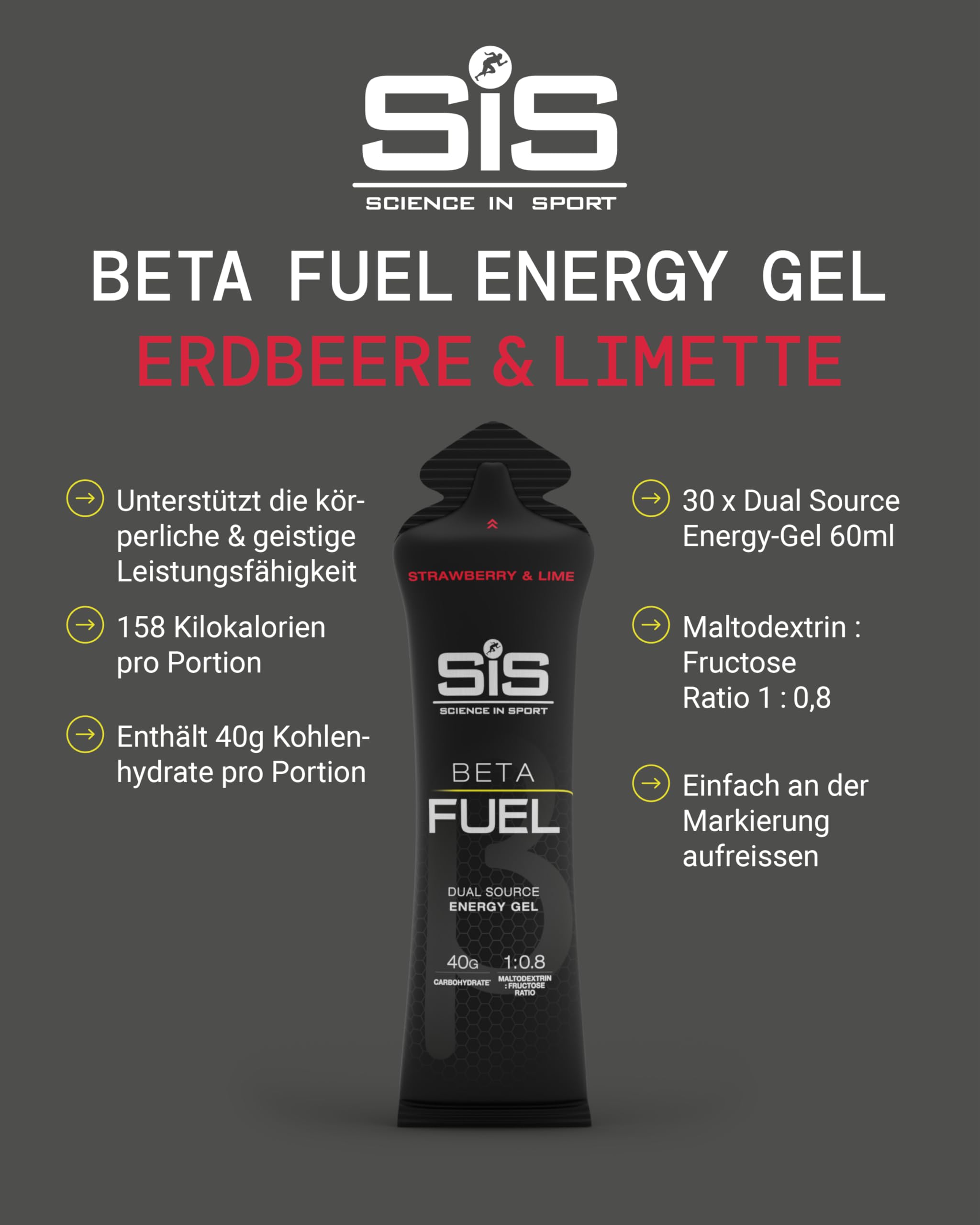 Science in Sport Beta Fuel Gel, 40g Carbs, Verhältnis Maltodextrin zu Fruktose 1 zu 0,8 verbessert Kohlenhydrataufnahme, reduziert Unwohlsein, Energiegel für Sportler, 30x60ml, Erdbeere & Limette