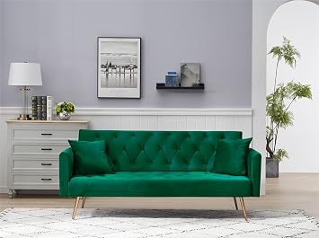 Folding Velvet Living Room Sofa, Convertible Upholstered Loveseat Sofa, Futon Couch Bed with Square Armrests and 2 Pillows for Home Office Green