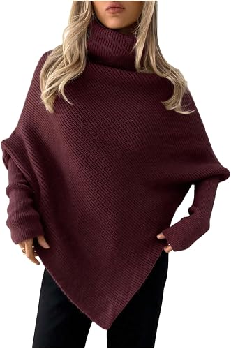 MakeMeChic Women's Turtleneck Cape Poncho Sweater Rib Asymme