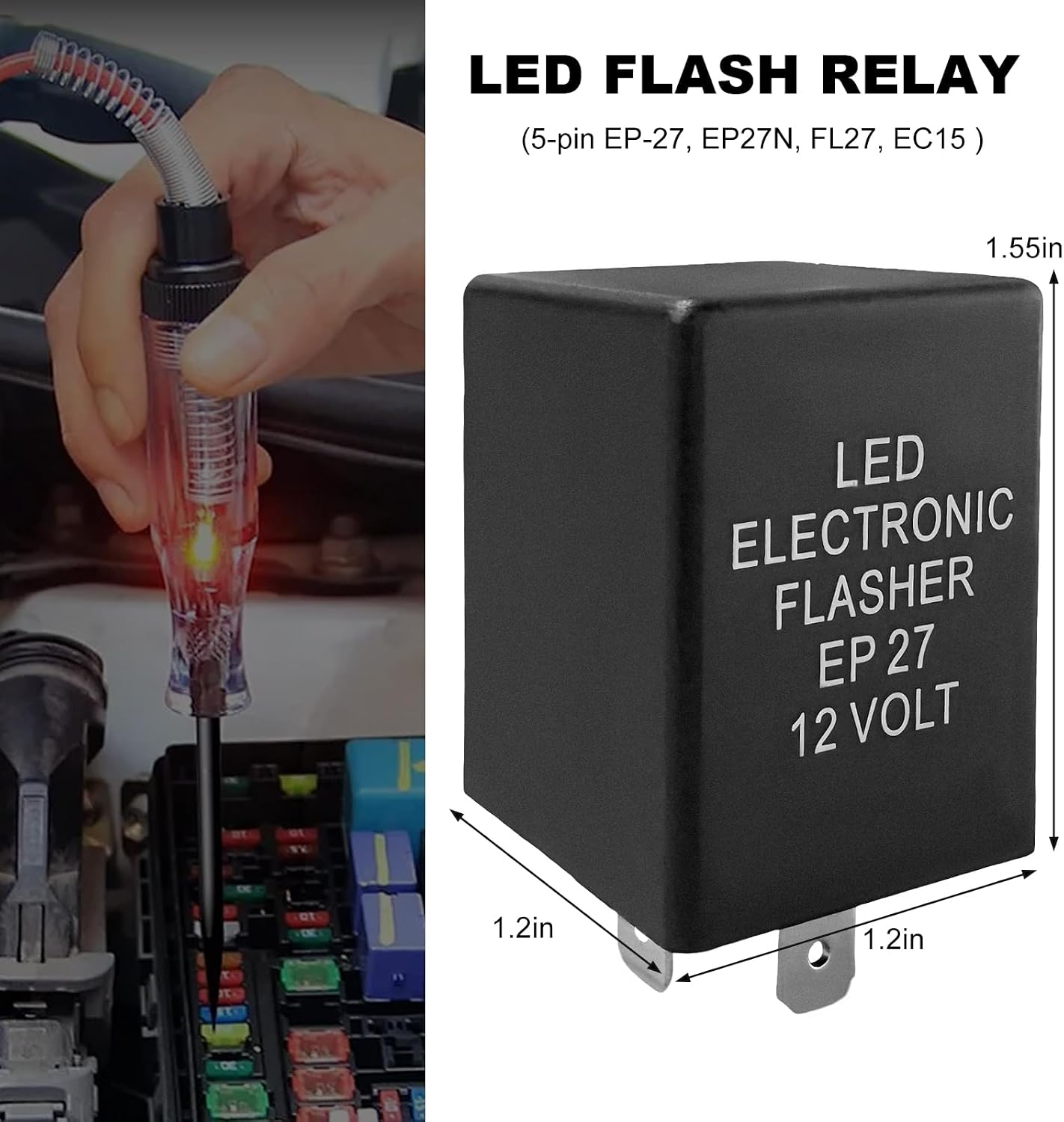 Sun Walker EP27 FL27 LED Electronic Flasher Relay, 5-Pin Flasher Relay for Turn Light Hyper Flash Fix, 12V Hazard Warn Indicator Blinker Relays for F150 Ranger Edge Navigator