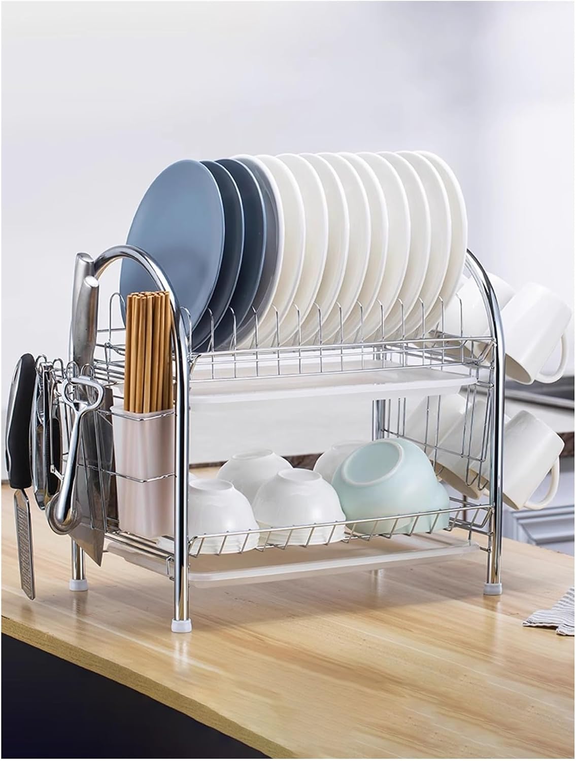 Kitchen Storage Rack,Dish Drainers for Kitchen Counter,Kitchen Organization and Storage，Sink Drying Rack for Plates Bowls and Cups(Green Tray)