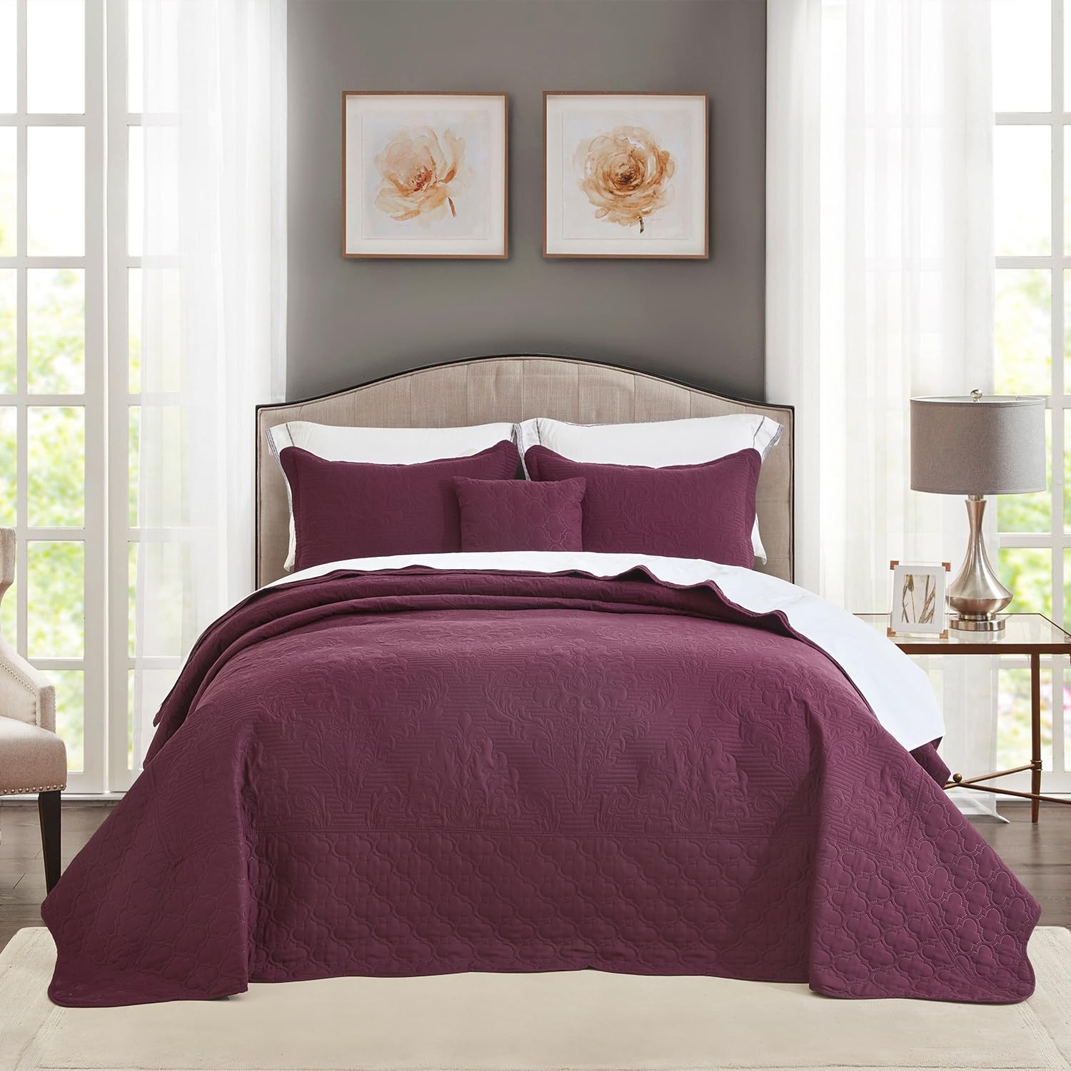 CHIXIN Bedspread Coverlet Set Queen Size - Lightweight Bedding Cover - Ultrasonic Quilting - 5 Piece Reversible Bedspread - Elegant Damask Paisley Pattern (Queen, Purple)