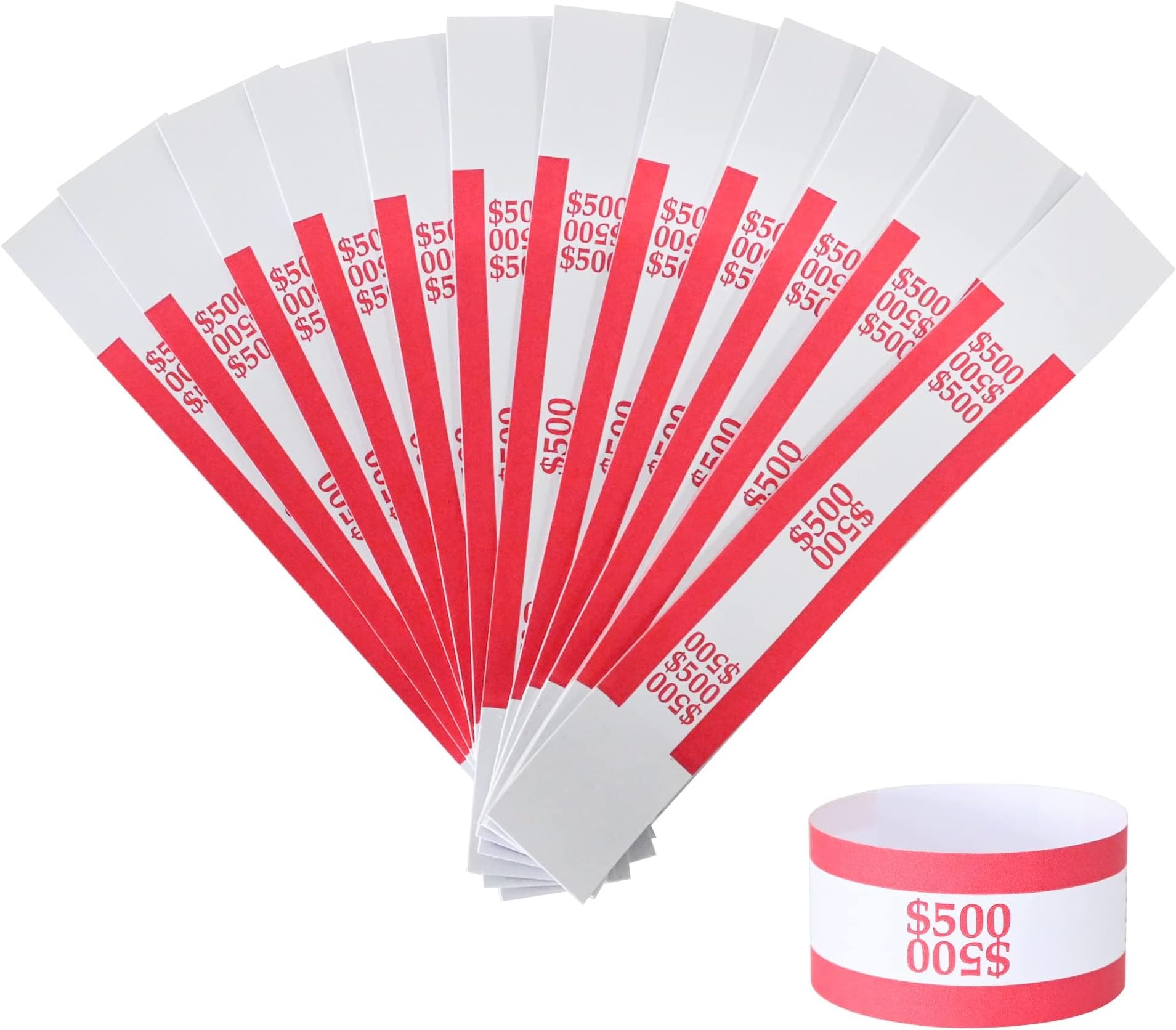 Currency Straps â€“ Bill Wrappers, Money Bands to Organize Bills, ABA Standard Colors, Self-Adhesive, 7.5 x 1.15 Inches (Red-$500)