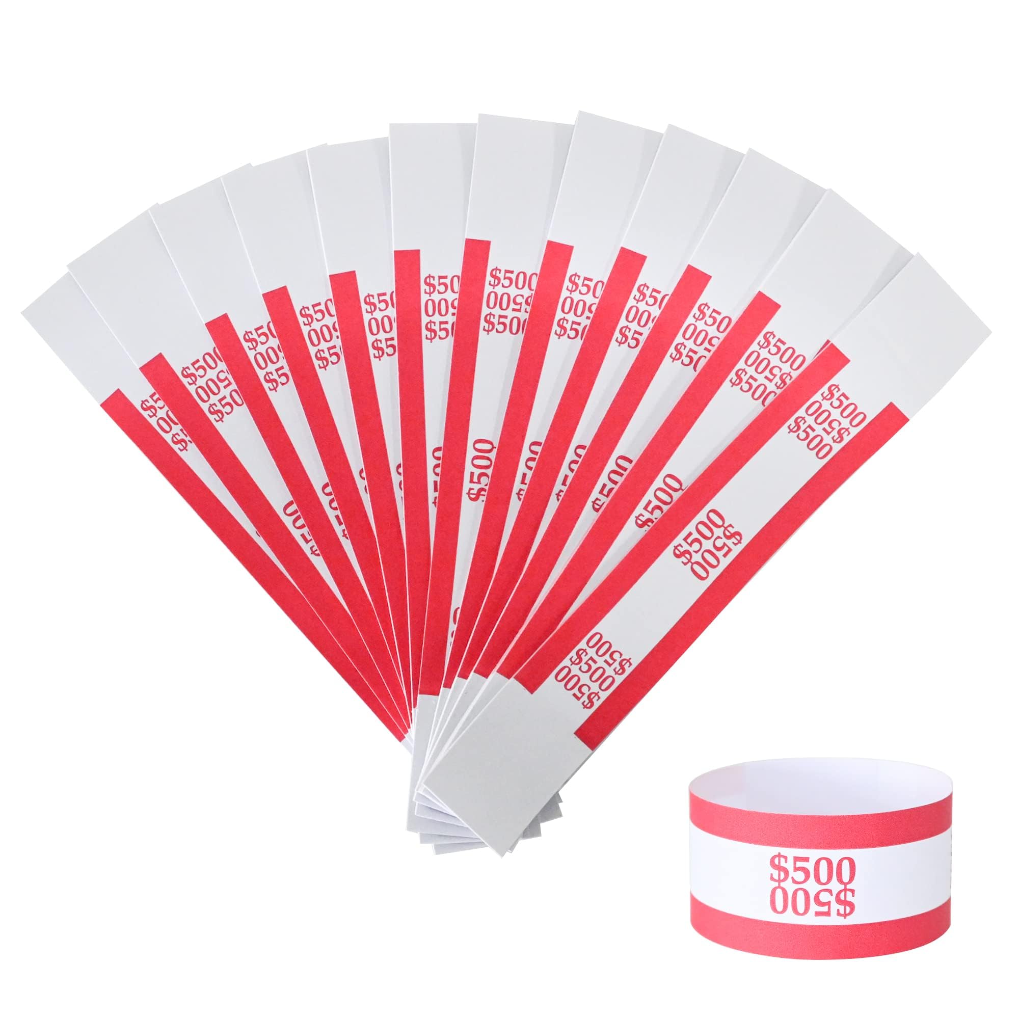 Currency Straps â€“ Bill Wrappers, Money Bands to Organize Bills, ABA Standard Colors, Self-Adhesive, 7.5 x 1.15 Inches (Red-$500)