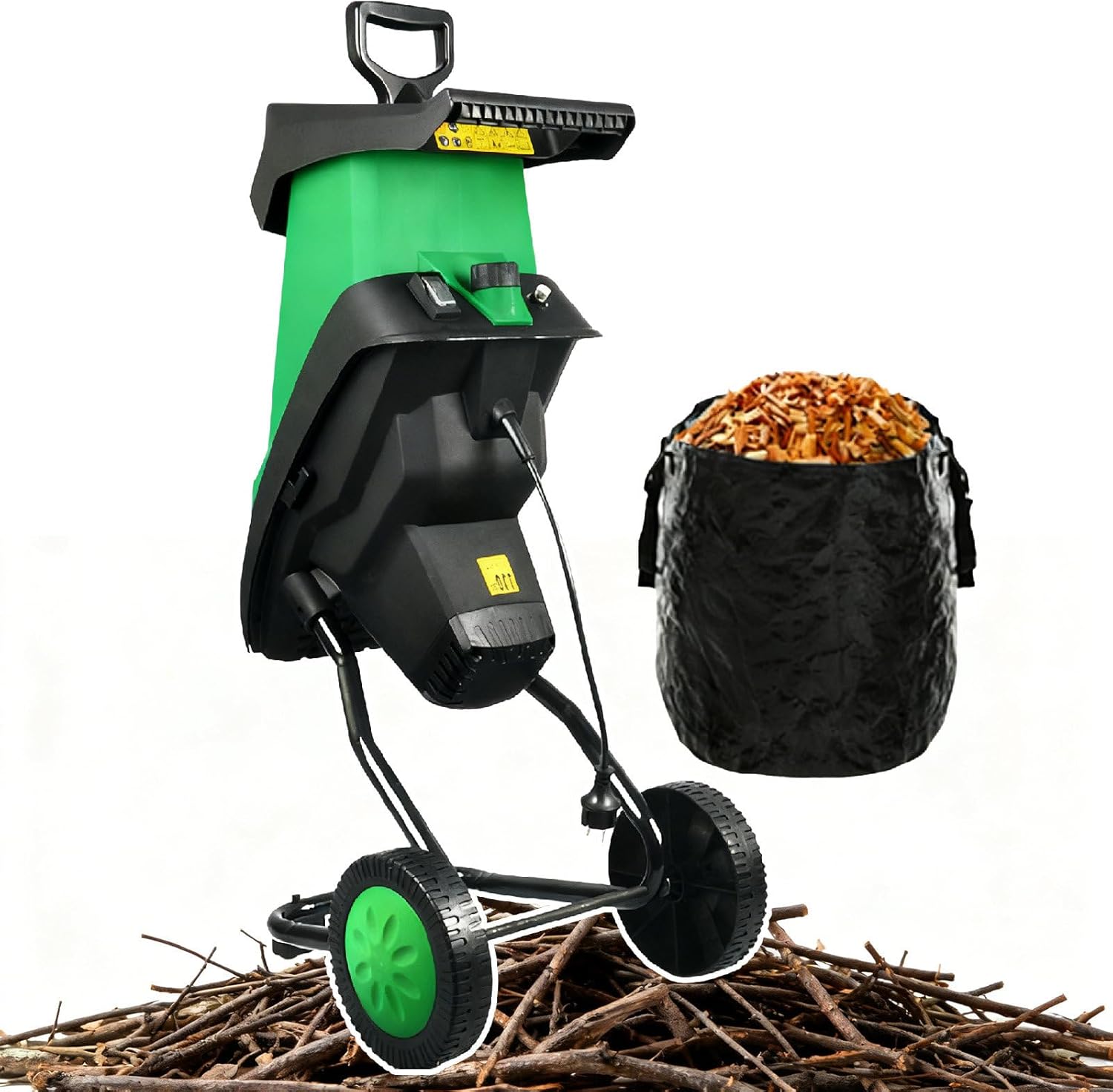 Garden Shredder Electric, 4500rpm Mulcher for 45mm Branches, Wood Chipper with 2 Sets of Manganese Steel Blades, Leaf Shredder, Branch Shredder for Garden Debris and Branches
