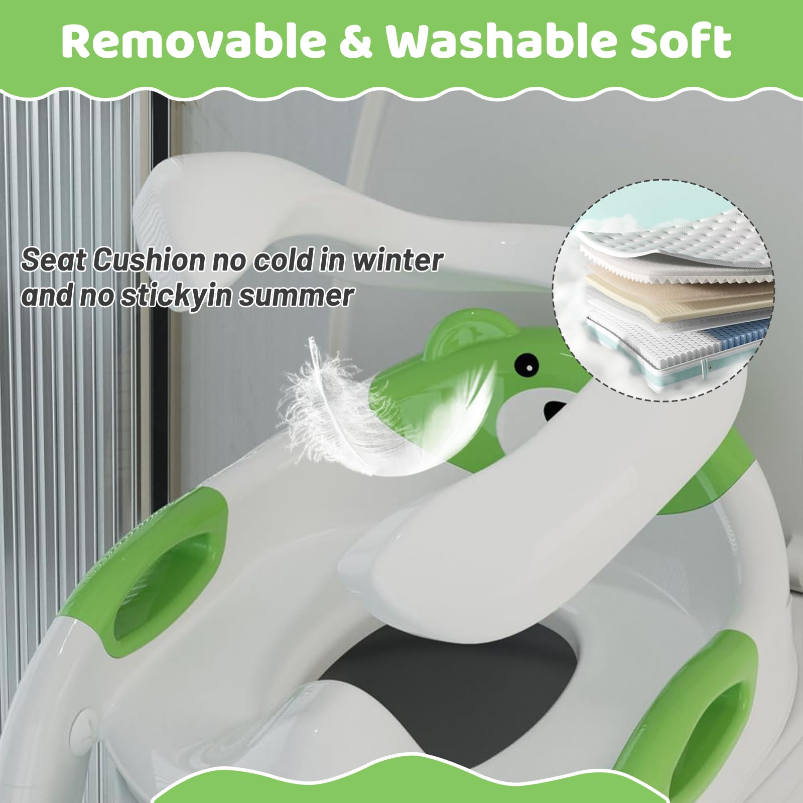 Réducteur Toilette Enfant 2-en-1, Rehausseur WC Pliable Réglable avec Escalier Antidérapant, Coussin PU Confortable, Adapté aux Toilettes V/O/U, Apprentissage Propreté pour Enfants 1-6 Ans (Vert)