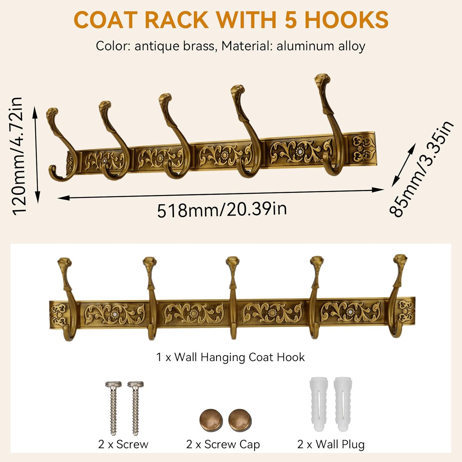 Wall Mount Coat Rack with Hooks, Wall Mounted Coat Rack Decorative Hanging Coat Rack Wall Mounted, Vintage Wall Mount Coat Hanger Rack Key Holder for Wall Hallway, Entryway, Bedroom, Living Room