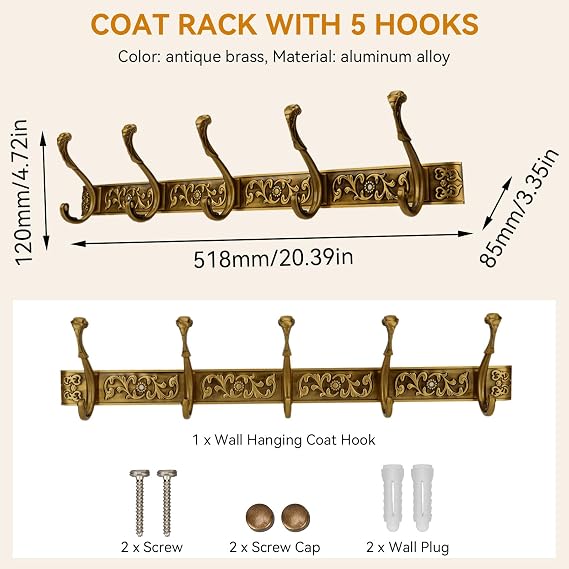Wall Mount Coat Rack with Hooks, Wall Mounted Coat Rack Decorative Hanging Coat Rack Wall Mounted, Vintage Wall Mount Coat Hanger Rack Key Holder for Wall Hallway, Entryway, Bedroom, Living Room