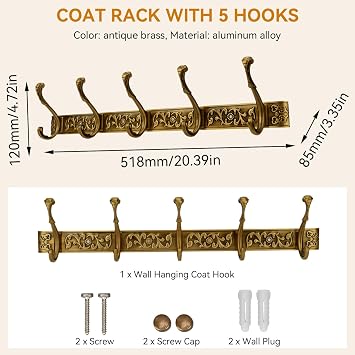 Wall Mount Coat Rack with Hooks, Wall Mounted Coat Rack Decorative Hanging Coat Rack Wall Mounted, Vintage Wall Mount Coat Hanger Rack Key Holder for Wall Hallway, Entryway, Bedroom, Living Room