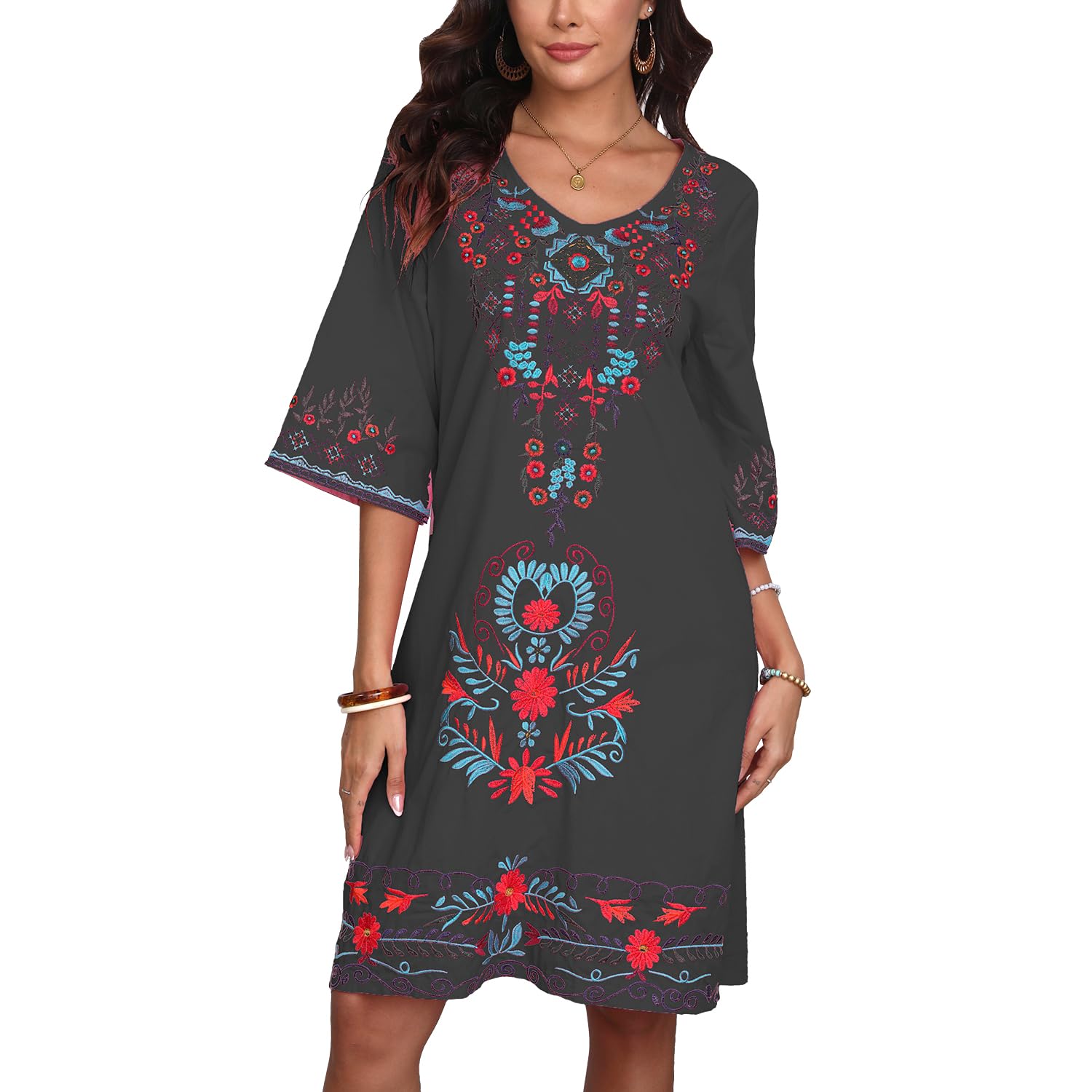 Vakakado Damen V-Ausschnitt Elegantes Stickerei Dress 3/4 Är