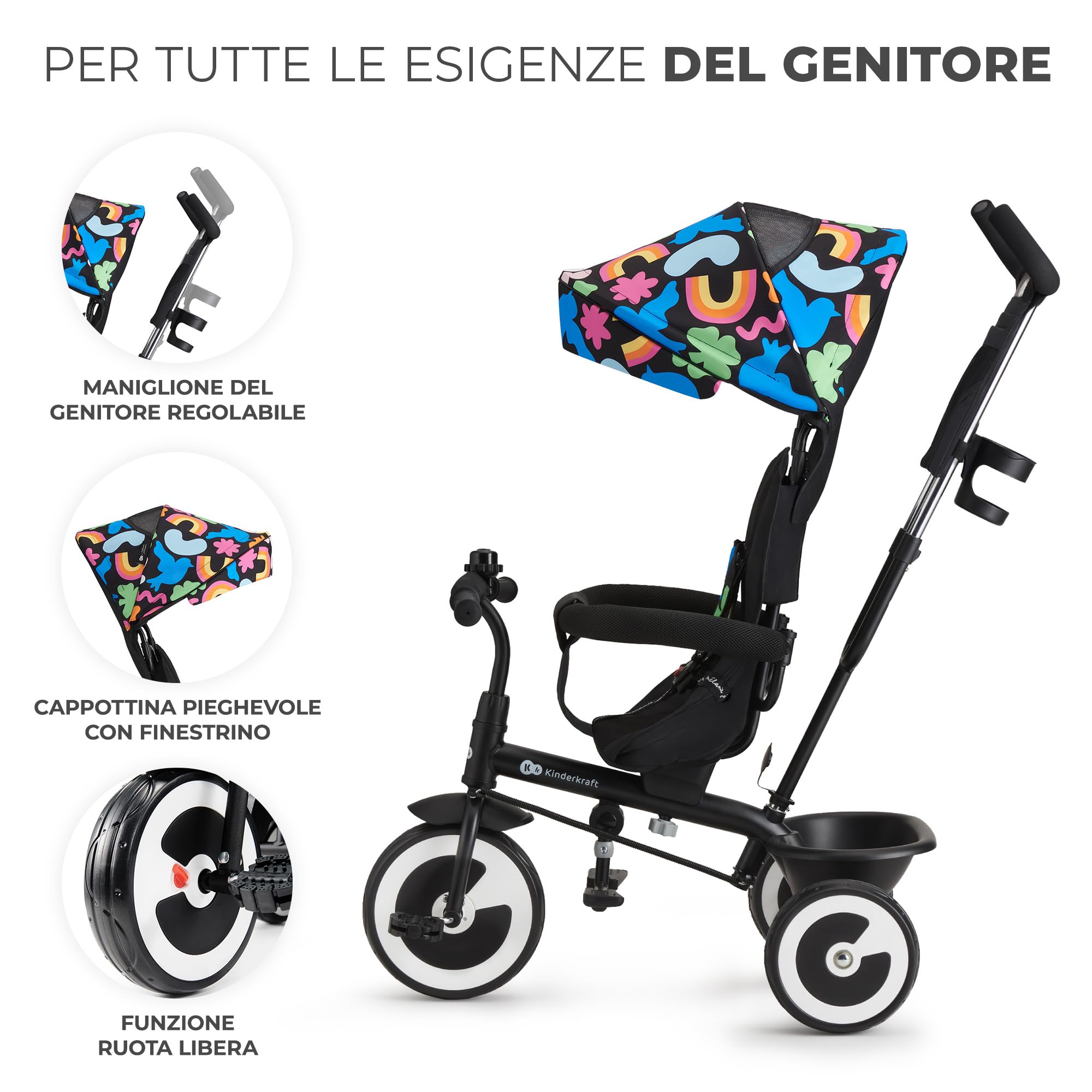 Kinderkraft ASTON Triciclo bambini dai 9 Mesi fino 25 kg, Passeggino con Maniglione regolabile, Bici, Sedile girevole Fronte Mamma e Strada, Cappottina pieghevole, Ruota libera, Happy Shapes