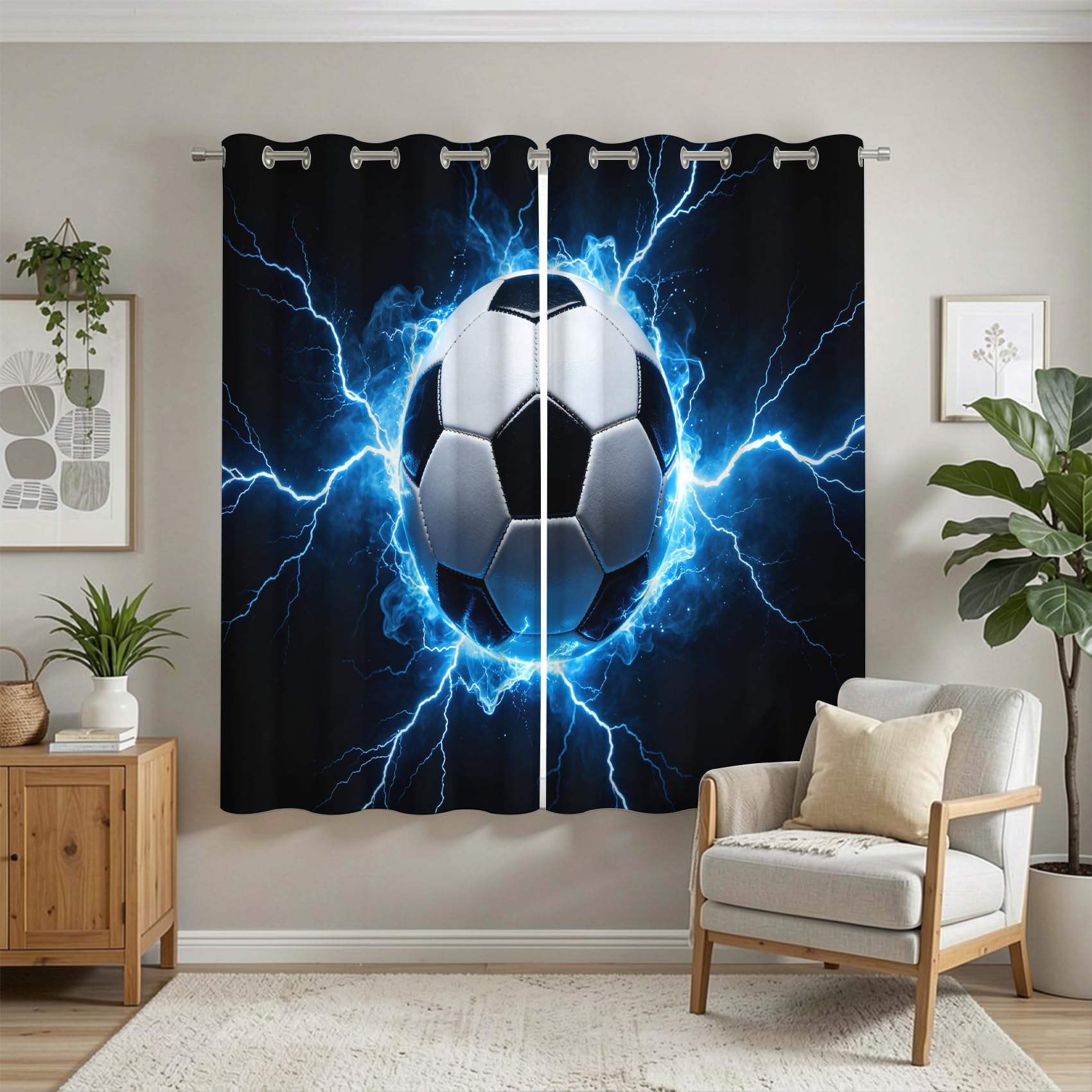 Lot de 2 Rideaux Occultants à Oeillets Football 100x200 cm, 3D Imprimé Rideau Occultant Thermique Isolant Opaque, Rideau Modèle de Football pour Salon Chambre Décoration Fenêtre C/1687
