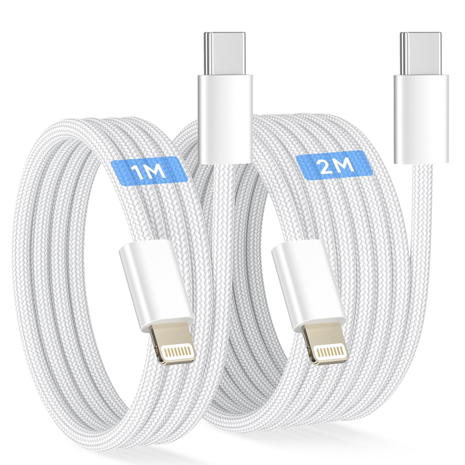 Cable USB C a Lightning para iPhone (2 Piezas, 1M+2M), Cable Lightning USB C [MFi Certificado] Cable i Phone Carga Rapida PD Transferencia de Datos 480 Mbit/s para iPhone 14/13/12/11, Blanco - 1