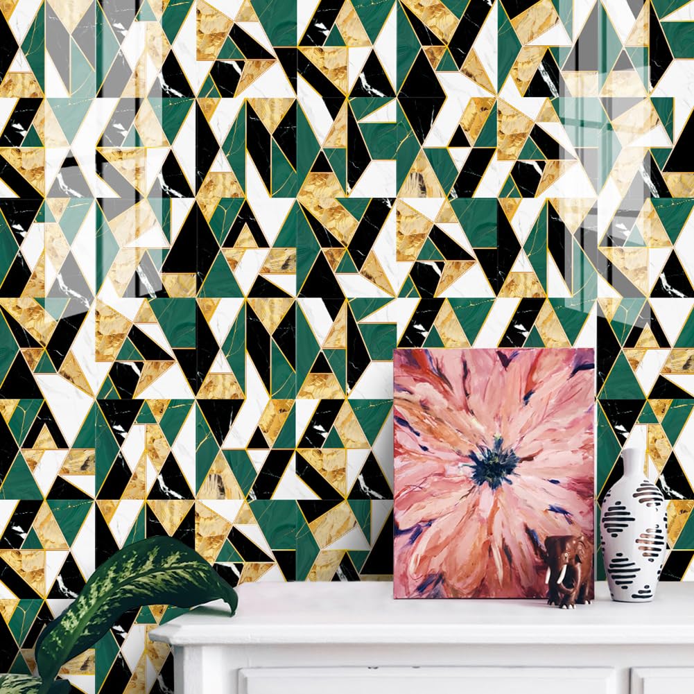 Thick Tile Stickers for Kitchen, Stick On Tiles for Bathroom Wall Self Adhesive Waterproof Vinyl Peel and Stick Wall Tiles Covers, Kitchen Splashbacks for Walls, Gem Golden Green Gorgeous