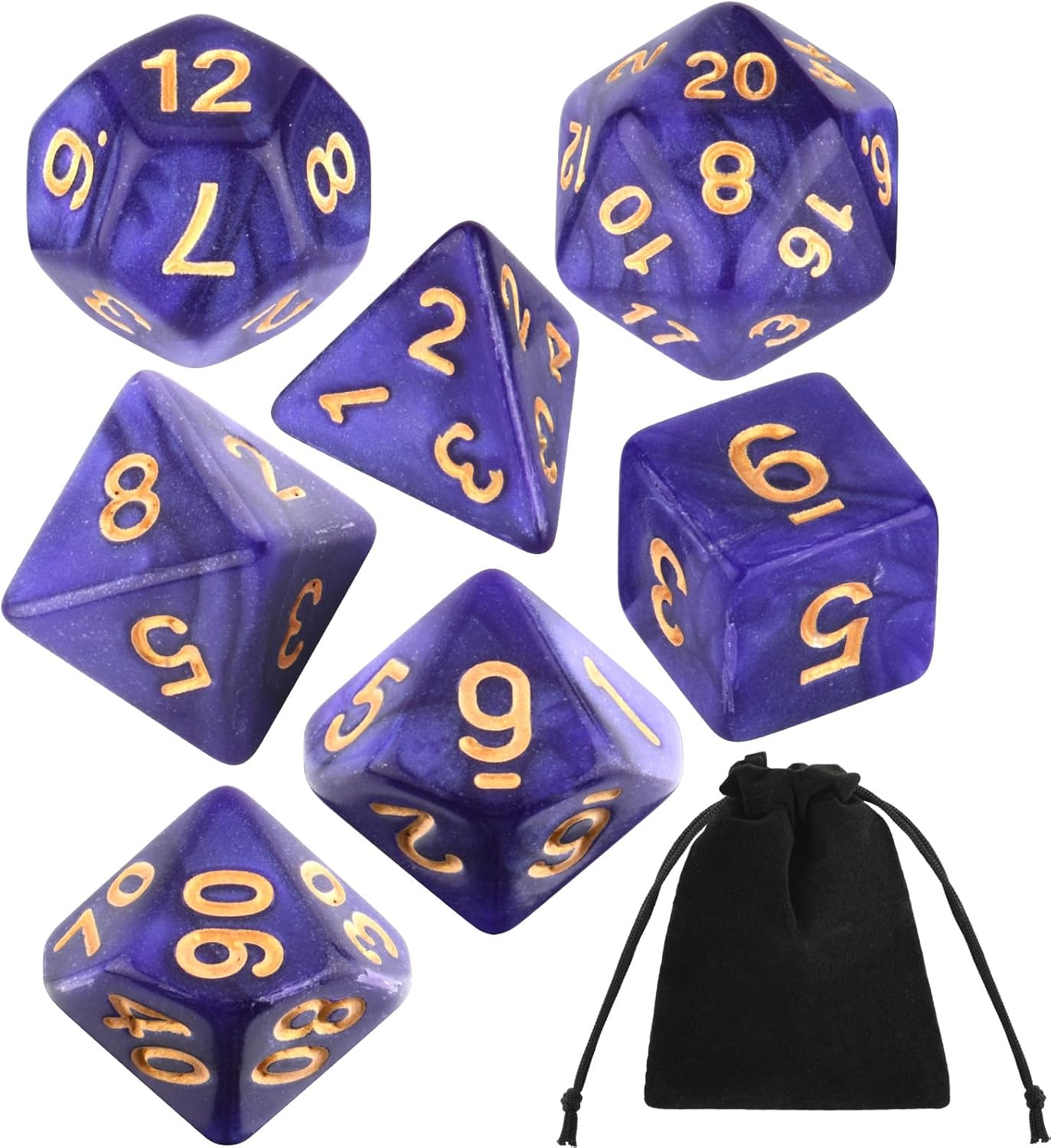 7-Die Dice Polyhedral Dice Rolling Dices Set for DND RPG Role Playing Board Game Table Games, with Drawstring Pouch Storage Bag, Marble Color (Dark Purple)