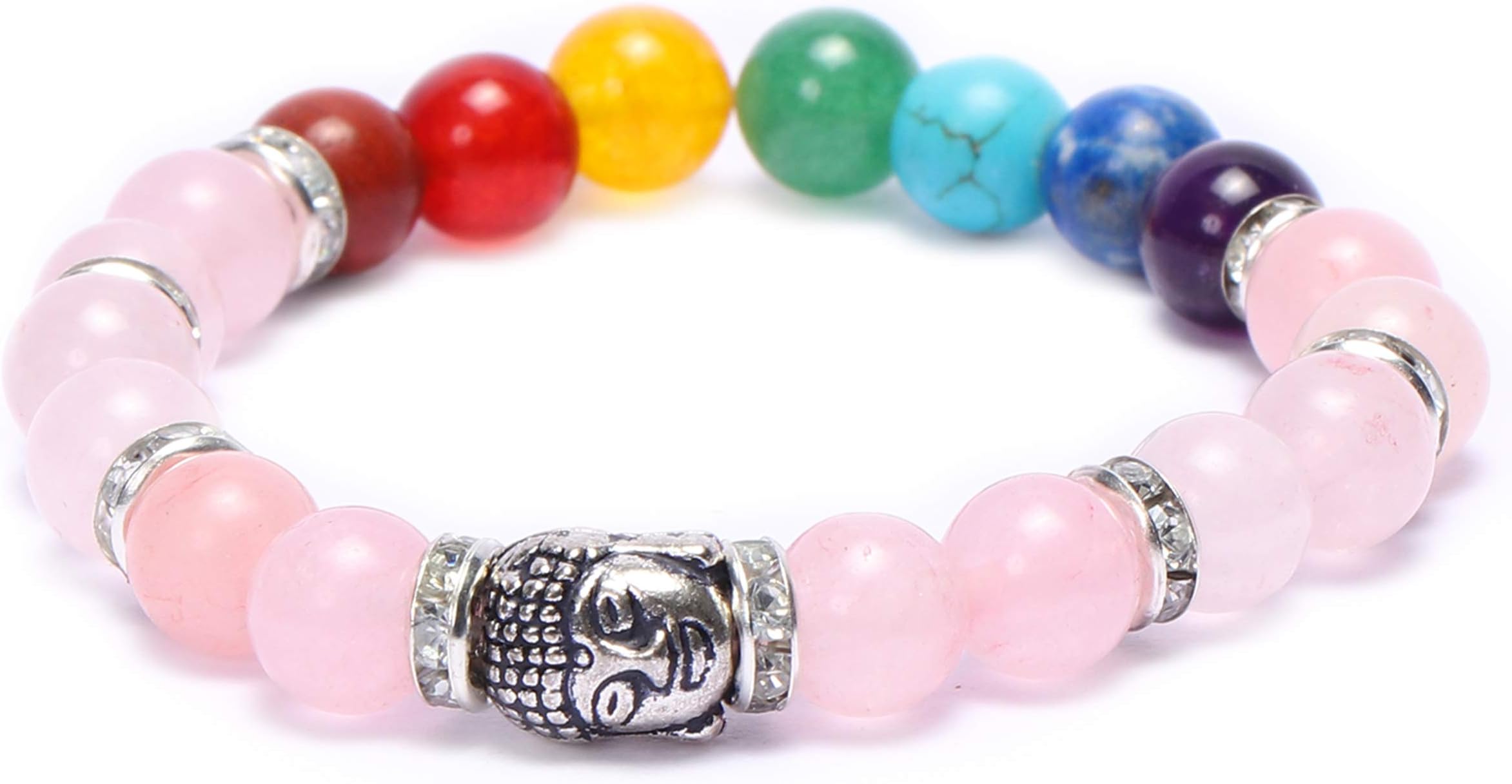REBUYRose Quartz With Seven Chakra Bracelet Crystal Healing Gemstone Bracelet for Women & Girls, Bead Size 8 mm, Color Multi