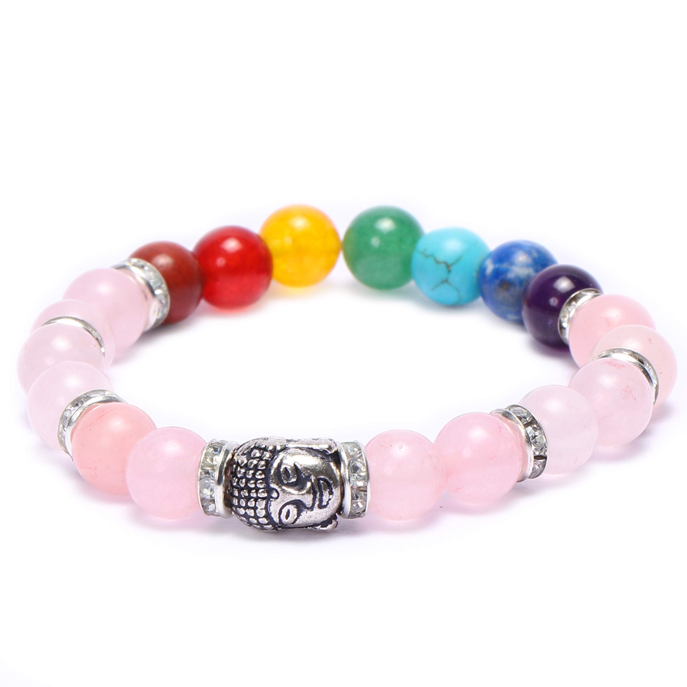 REBUYRose Quartz With Seven Chakra Bracelet Crystal Healing Gemstone Bracelet for Women & Girls, Bead Size 8 mm, Color Multi