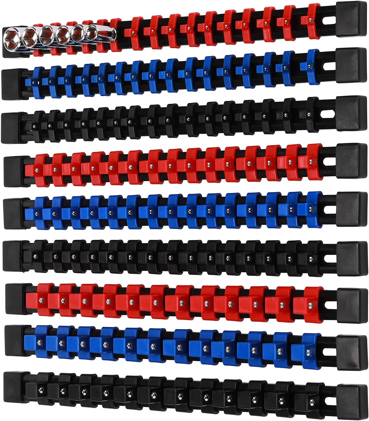 Mayouko 9PCS 1/4",3/8",1/2"Drive ABS Socket Organzier, Socket Rail Holders for Tool Chest, Cart, Toolbox, 1/4"x 48 Clips, 3/8"x 45 Clips, 1/2"x 36 Clips 1/4"x 3, 3/8"x 3, 1/2"x 3