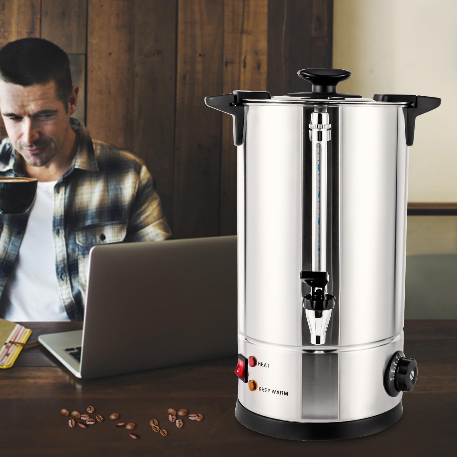 CNCEST Commercial Grade Stainless Steel 10L/2.64gal Coffee Urn Coffee Maker Hot Water Urn 1KW with Plastic Filter Coffee Urn for Home, Party, Office, Wedding