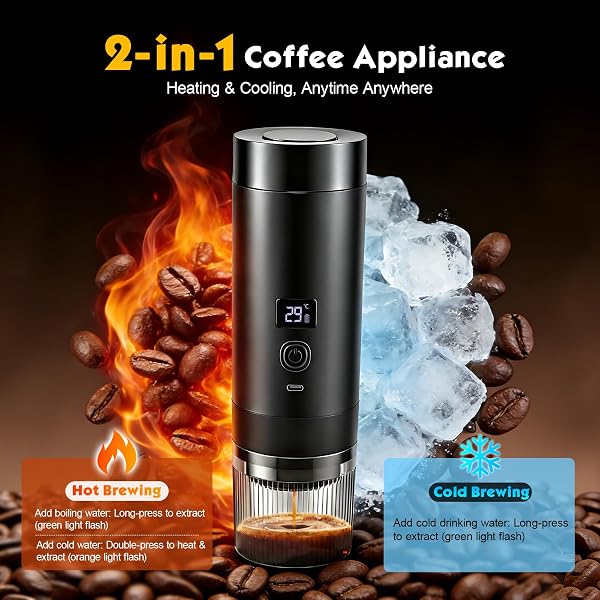 Macchina da caffè portatile 3-in-1 con batteria – 20 bar, estrazione fredda/calda, compatibile con capsule e caffè macinato, 7800 mAh USB-C, mini macchina da caffè per campeggio, auto, ufficio e - 5