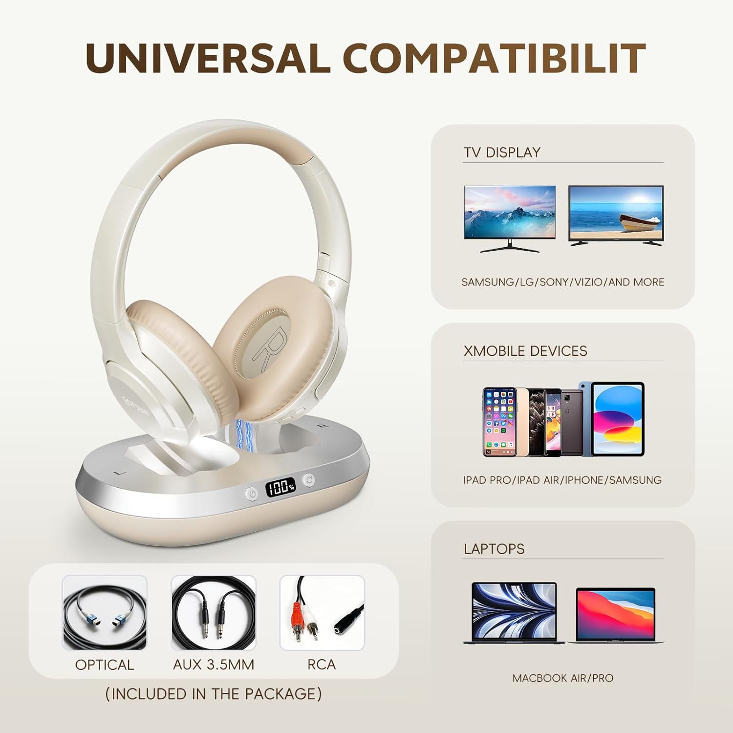 Included cables and accessories for vinamass TV-3 Wireless Headphones