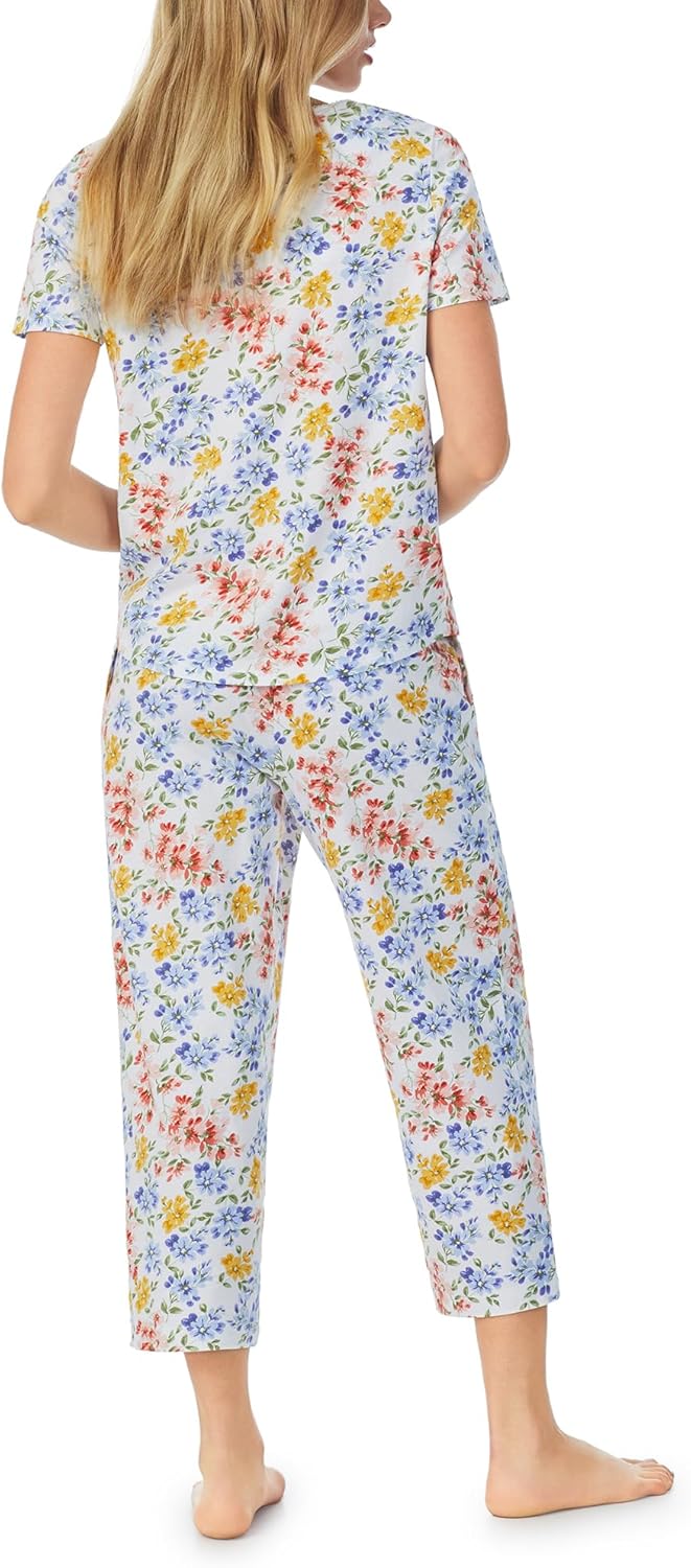 Carole Hochman Women's 2pc Cotton Short Sleeve & Capri Pajama Set – V-Neck, Lace Detail, Adjustable Drawstring, Side Pockets - Image 4