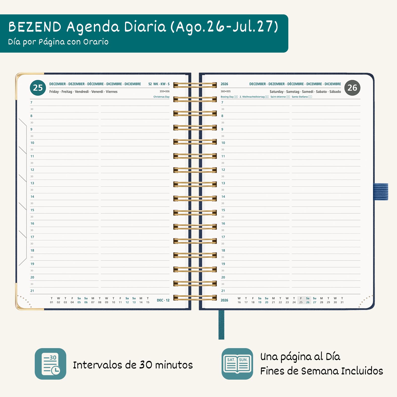 BEZEND Agenda Escolar 2026 2027 Día por Página A5 Espiral, 12 Meses de Ago.26 a Jul.27, Agenda Diaria 15,5 x 21 cm, Dia Vista con Intervalos de 30 minutos, Tapa Dura en Cuero PU - Rosa