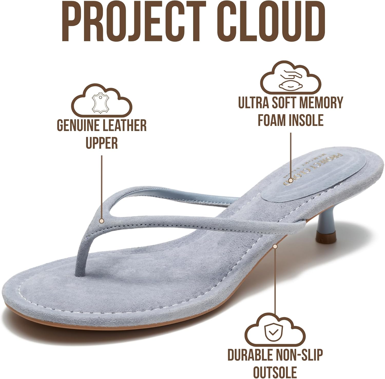 Project Cloud 100% Genuine Leather Kitten Heels for Women Footwear - Memory Foam Fashion Thong Heels for Women - Lightweight Summer Sandals for Womens 2026 (Mango)