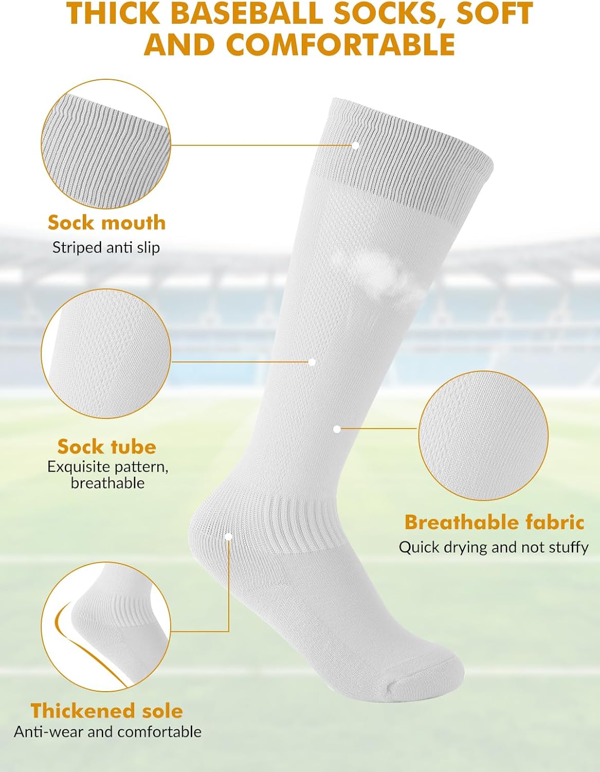 ZenNex 4 Pairs Youth Baseball Socks and 2 Belts Thickened Softball Football Socks and Elastic Belt for Boys Girls, Ages 7-12