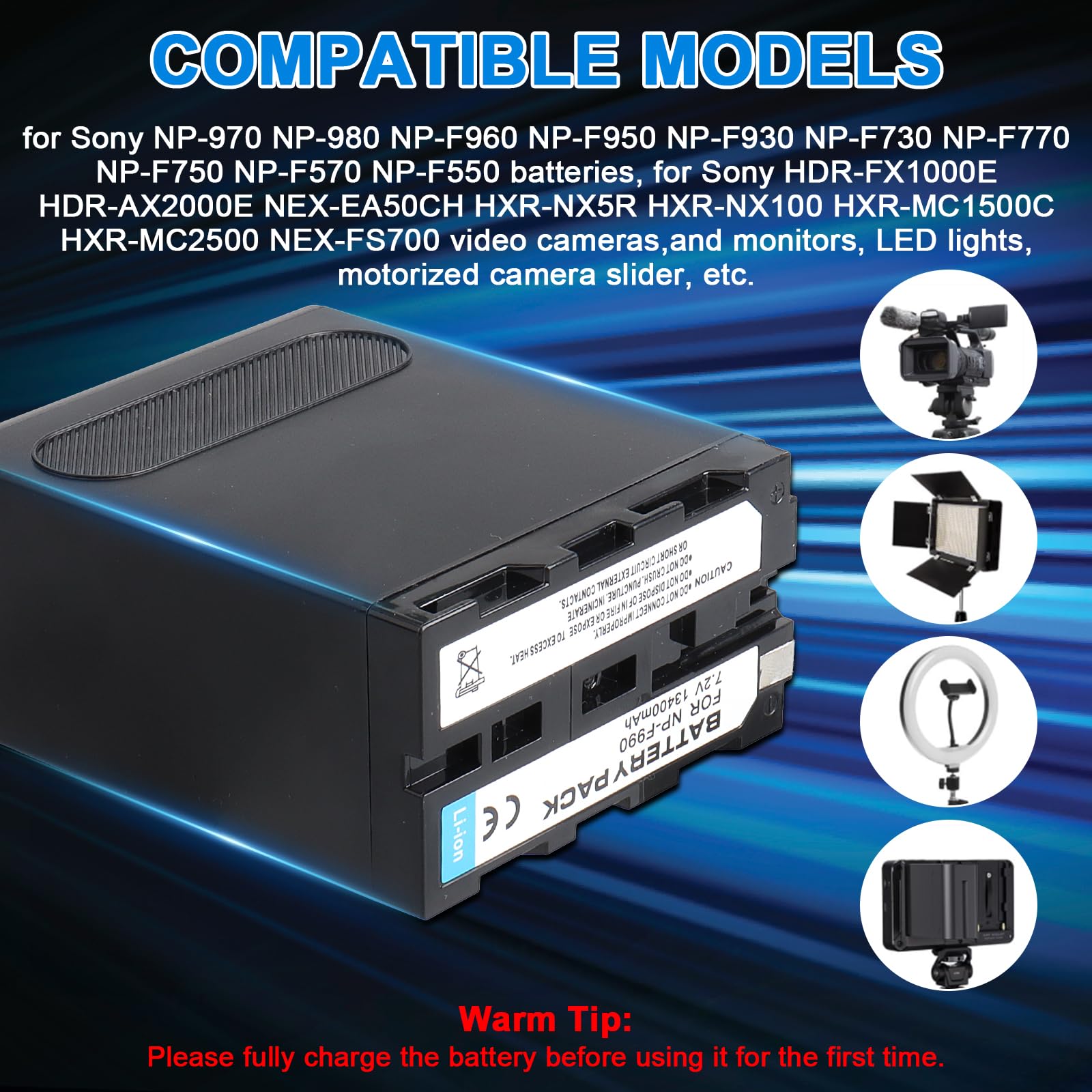 Batteria NP-F990 13400mAh (PD30W USB-A e Tipo-c/USB-C) Compatibile con Sony NP-F990 NP-F980 NP-F970 NP-F960 NP-F950 NP-F930 NP-F550 NP- F570 NP-F770 NP-F750 HXR-NX5R, HXR-NX100 Batteria per videocamer