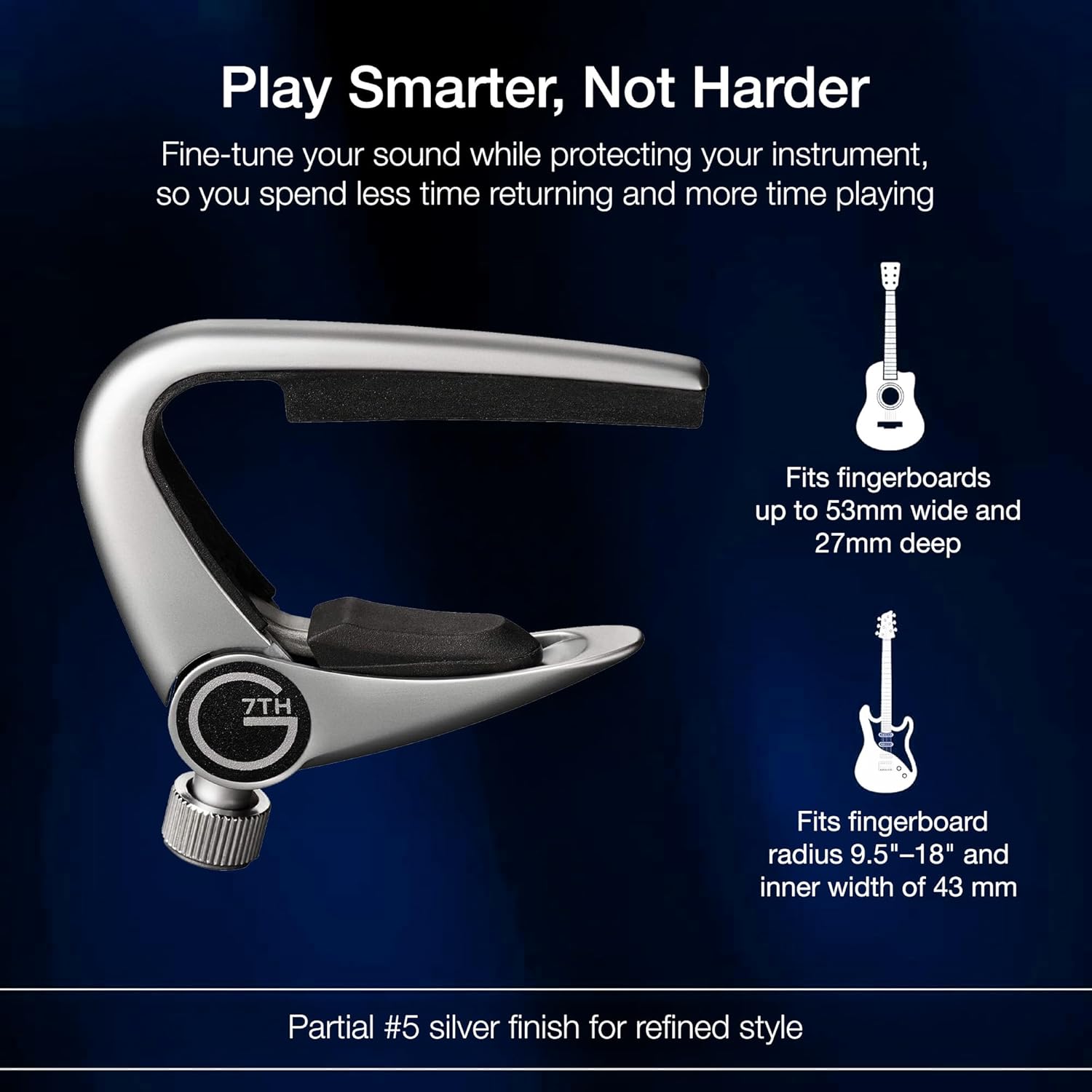 G7th Newport 5 String Partial Silver Guitar Capo - Lightweight with Adjustable Tension Control - Protective Silicone Pads - Capo for Acoustic and Electric Guitar - UK Designed