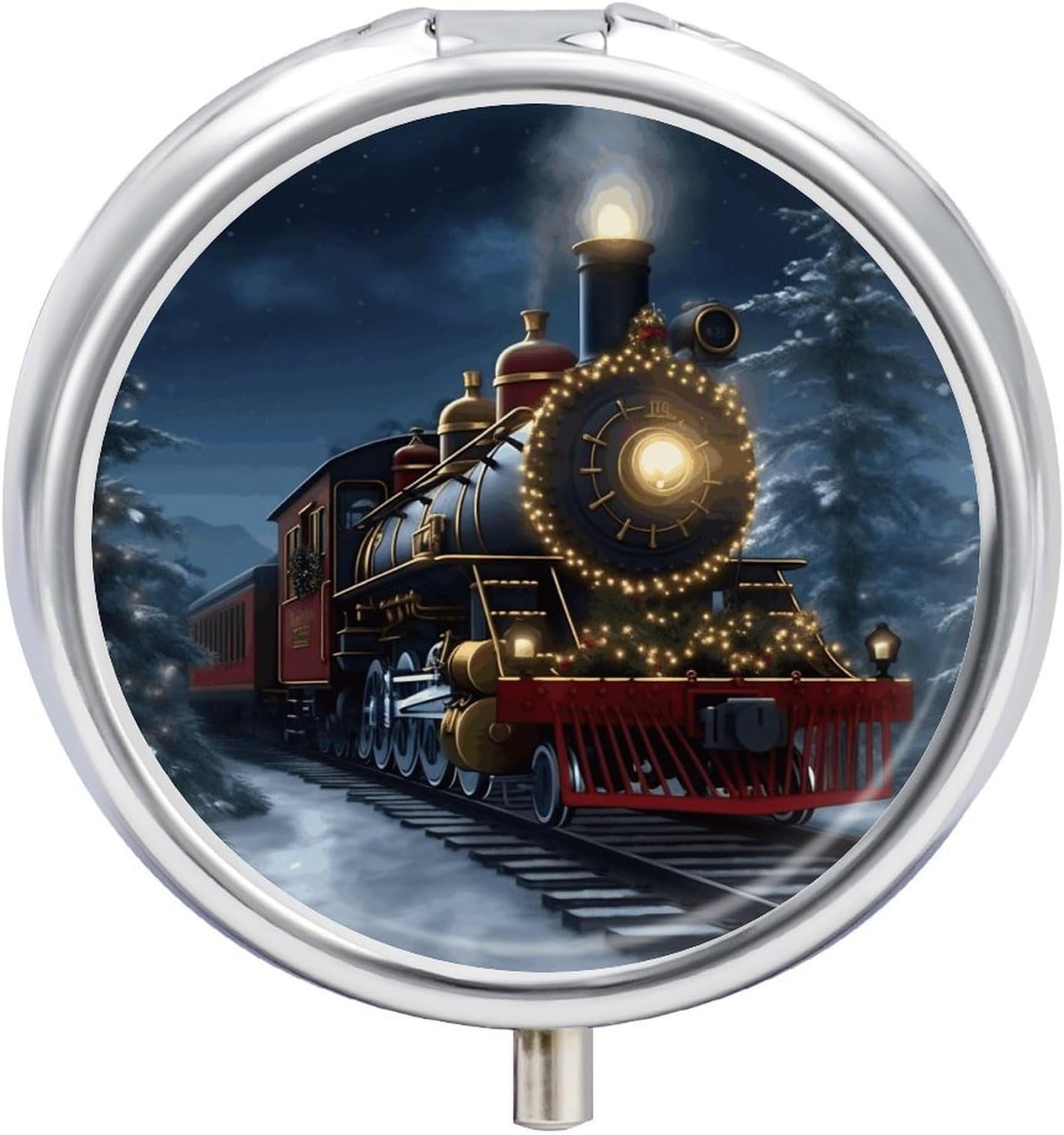 Round Daily Christmas Train Pill Case with 3 Compartment & Mirror