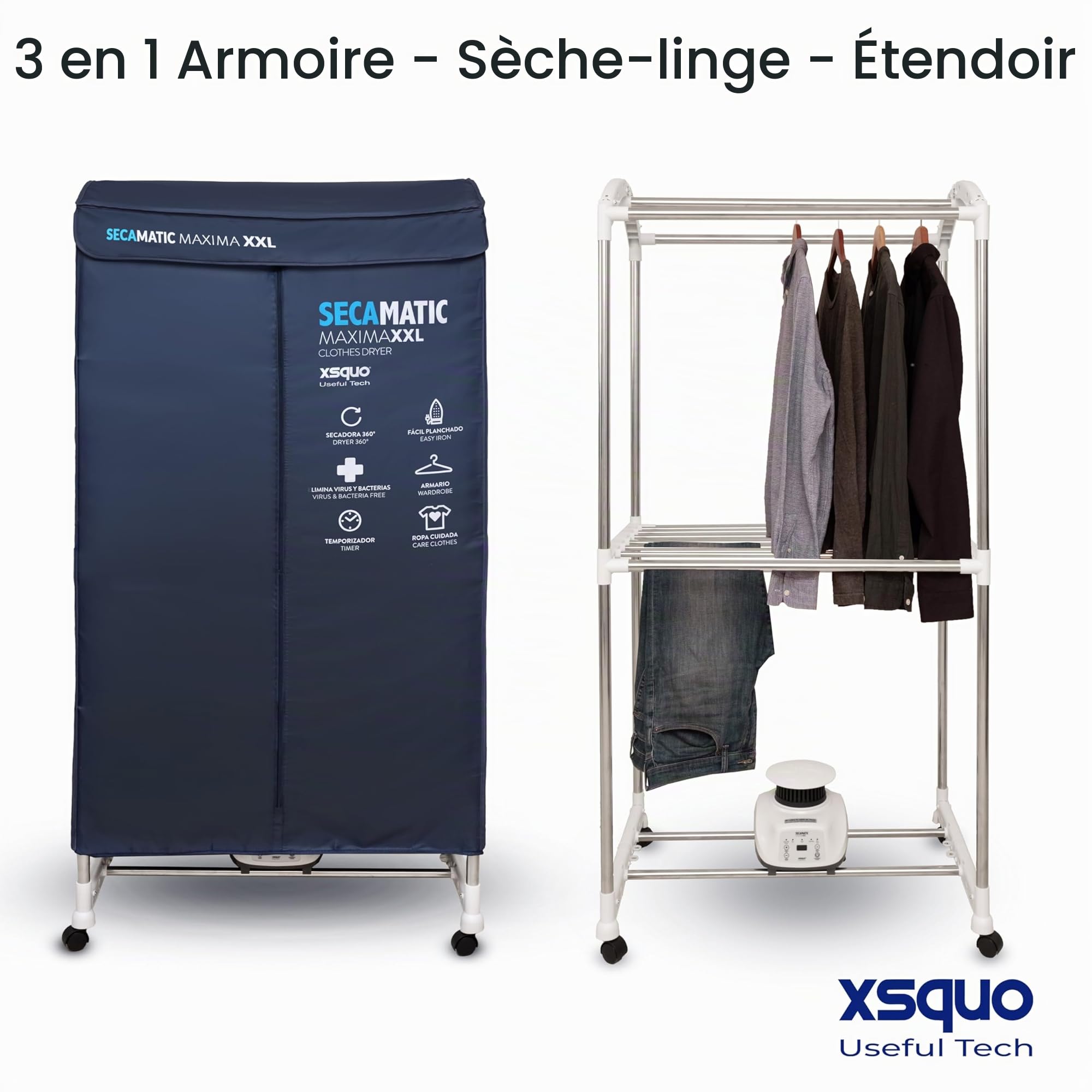 Sèche-linge par ventilation 1200 W, capacité de séchage 15 kg et 30 kg d'étendoir et d'armoire Minuterie 180 min, silencieux, multifonction Secamatics Maxima XXL