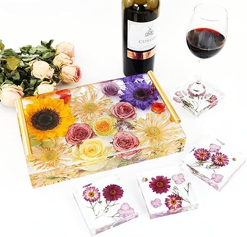 Miniatura 7 de Moldes de bandeja de resina de silicona, moldes rectangulares grandes de 13.5 pulgadas para resina con 4 posavasos y preservación de flores, arte