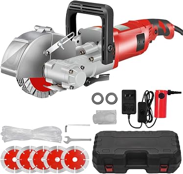 Electric Wall Grooving Cutting Machine 4000W Groove Cutting Machine Concrete Cutter with 5 Saw Blades, 1.3" Maximum Grooving Width, 7500RPM Wall Chaser for Bricks, Marbels, Wall, Concreate,Red
