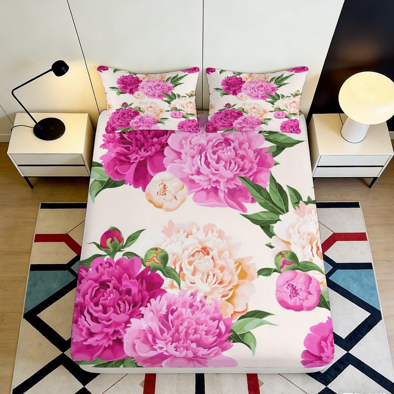 3D Printed Pink Peony Blossom Fitted Sheet Microfiber Soft Floral Mattress Cover for Bedroom Guest Room Decor 90x200x25cm