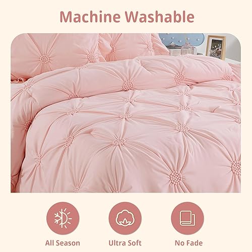 Miniatura 5 de HOMBYS Juego de ropa de cama edredón rosa para niñas, juego de edredón plisado con pellizcos rubor de 3 piezas con volantes para todas las