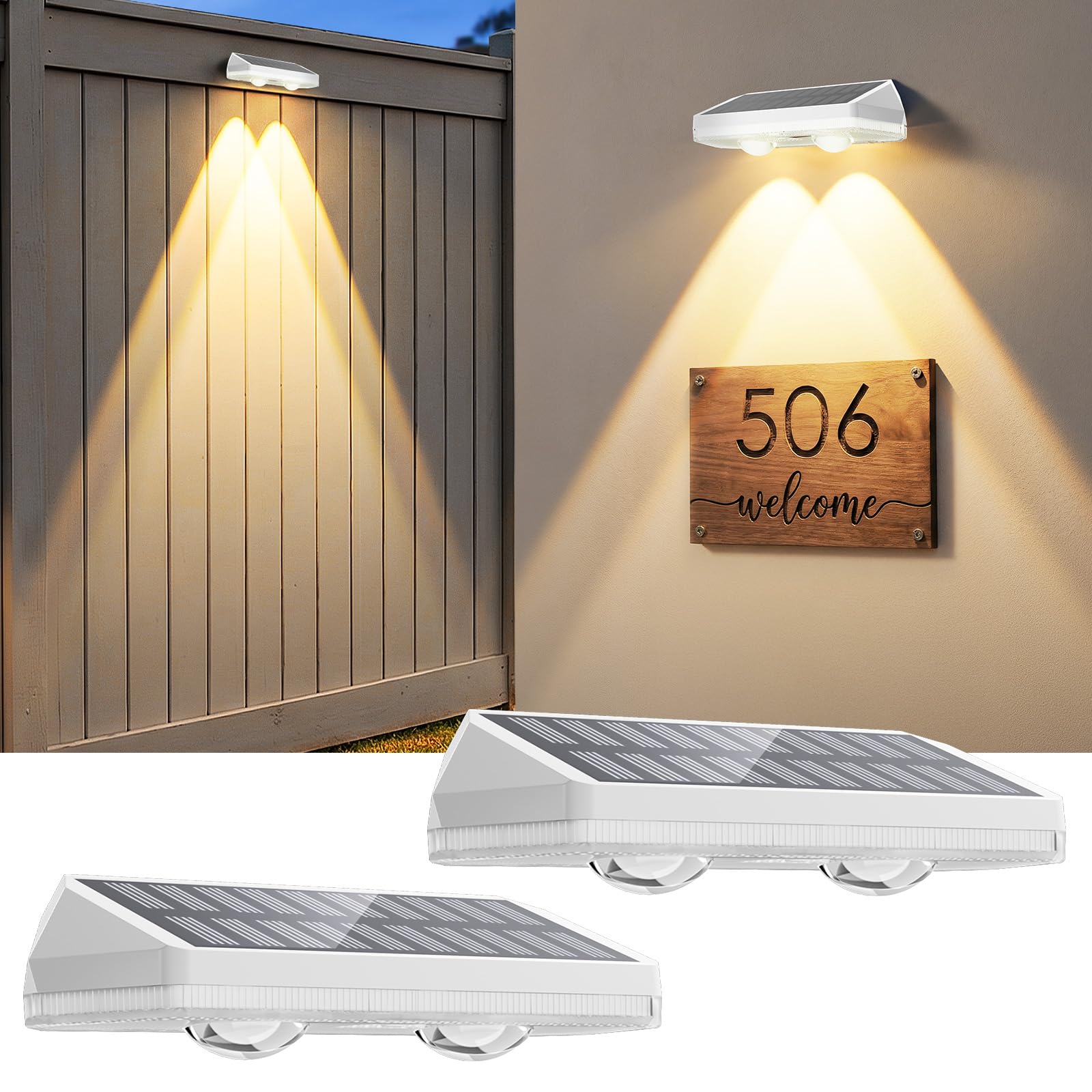 Solar Fence Lights Outdoor ,3000/4500/6000K 13 Mode, 2 Pack Fence Lights Solar Powered with Ultra-Bright Lens IP65 Waterproof,Solar Wall Light for Backyard/Step/Patio/Deck/Stair/Railings(White)
