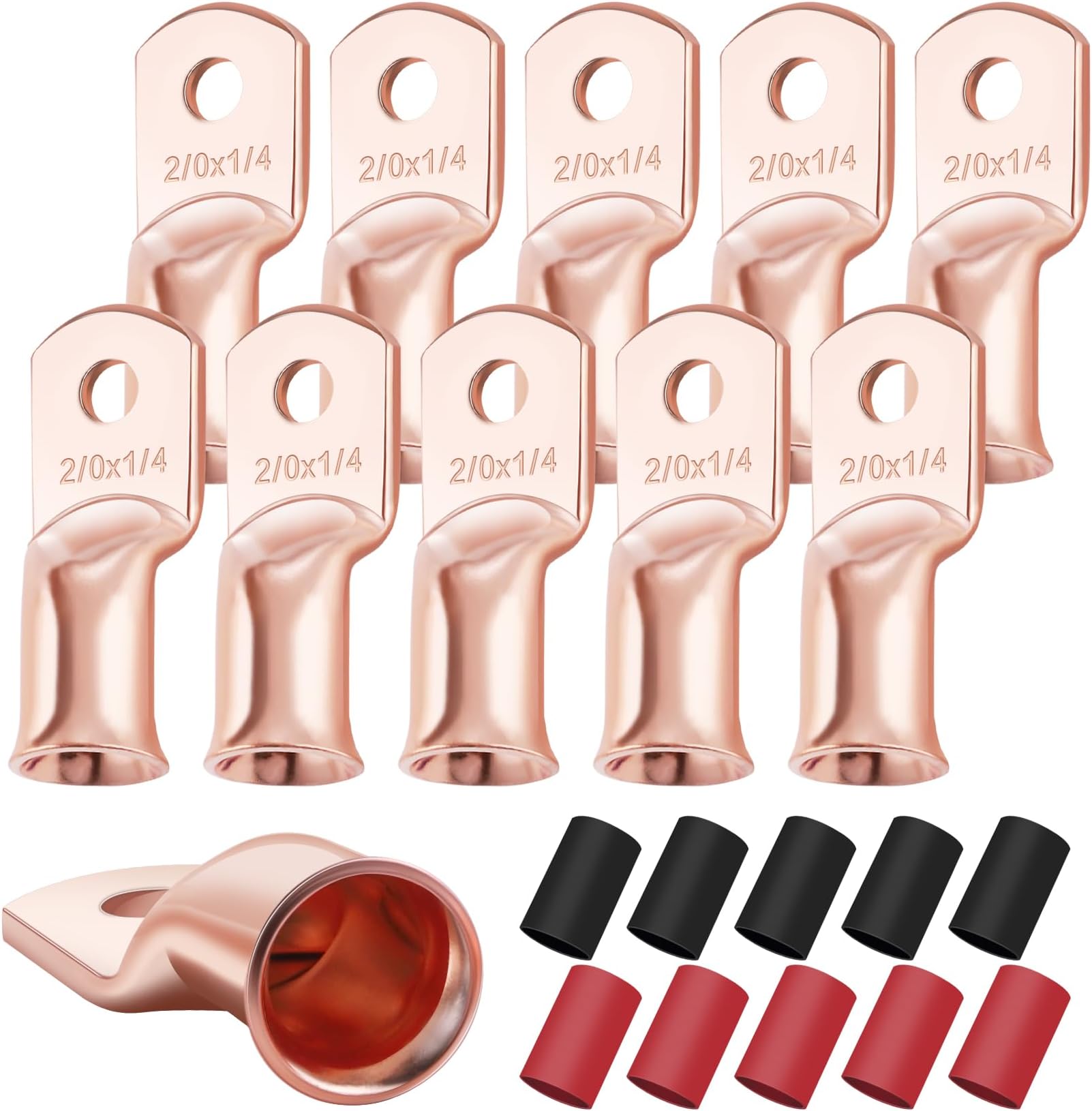 XHF 10PCS 2/0 AWG-1/4 Heavy Duty Battery Lugs with 3:1 Heat Shrink Tubing, Ring Terminals Battery Cable Ends Copper Eyelets Electrical Battery Connectors