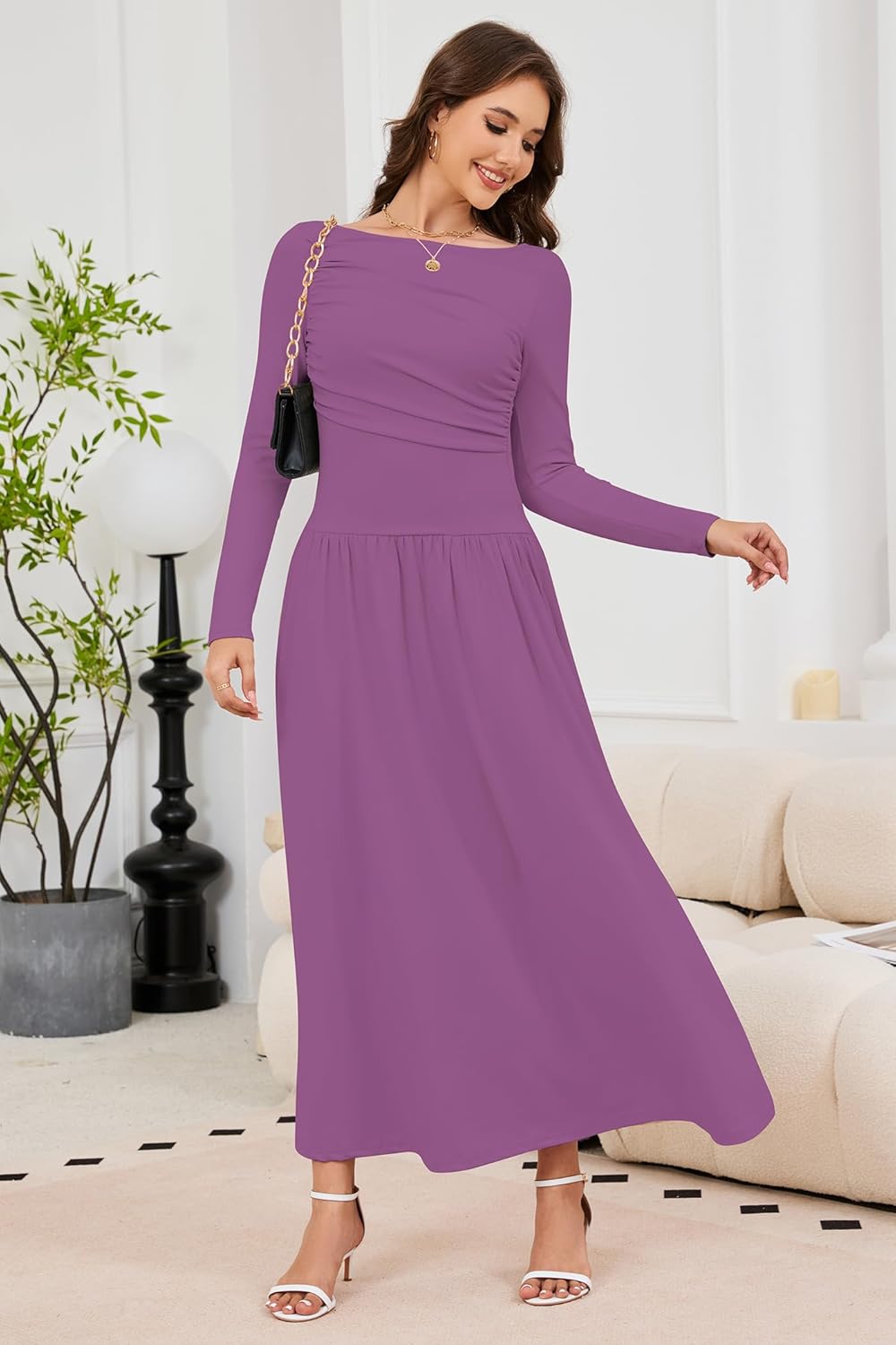 Women's 2025 Fall Long Sleeve Maxi Dress Crewneck Elegant Ruched Waist Casual Slim Pleated A Line Flowy Long Dresses - Image 5