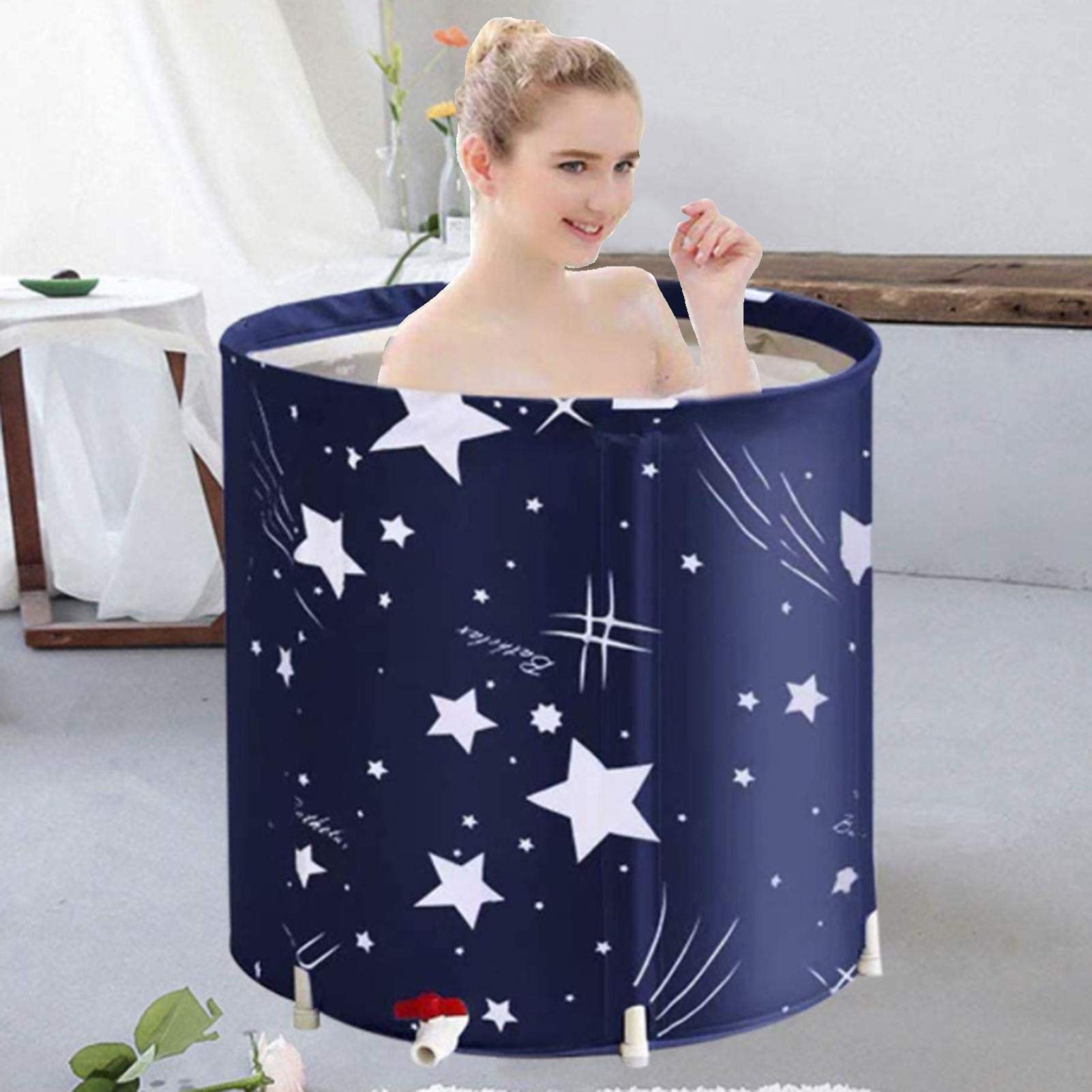 Round Portable Bathtub - Home Foldable Free Standing Hot Tub and Ice bath tub - Foldable Bathtub Adult with Drain Pipe, Drain Valve, Support Tube and Water-Filled Cushion - Thick Insulation Material