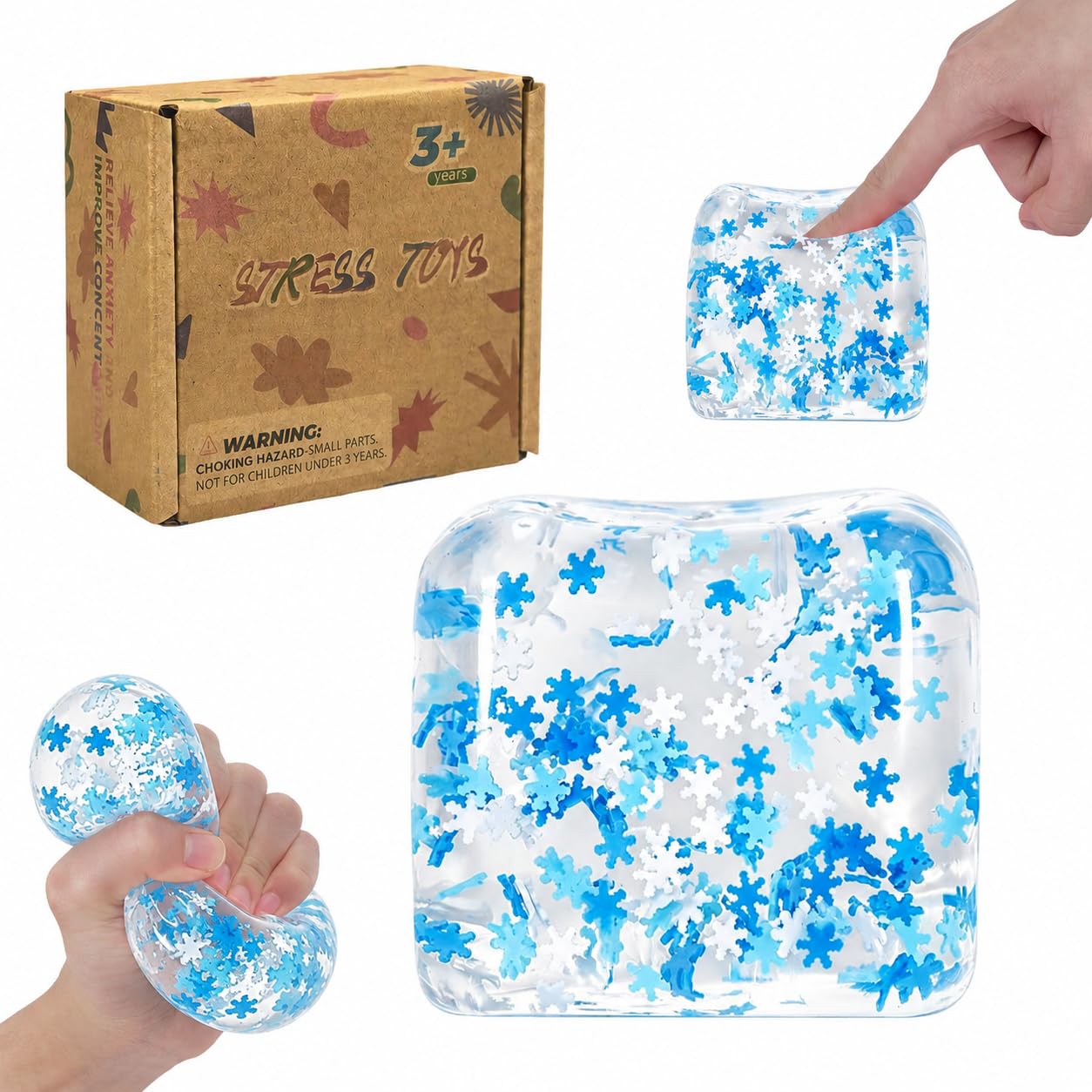 Zanyblox Extra Large Squishy Cubes 2.76in, Snowflake Ice Cube Squeeze Toys, Durable Soft Fidget Stress Balls for Autism Sensory Play, Suitable for Adults & Boys and Girls Age 3+ (Transparency)