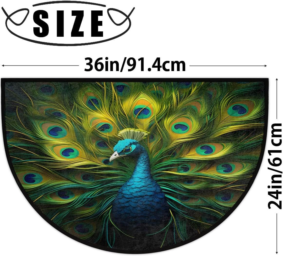Half Round Door Mat Green Peacock Non Slip Semi Circle Doormat, Animal Indoor Low Profile Front Doormat for Outdoor Patio Porch Kitchen Bathroom Entryway Floor Mat