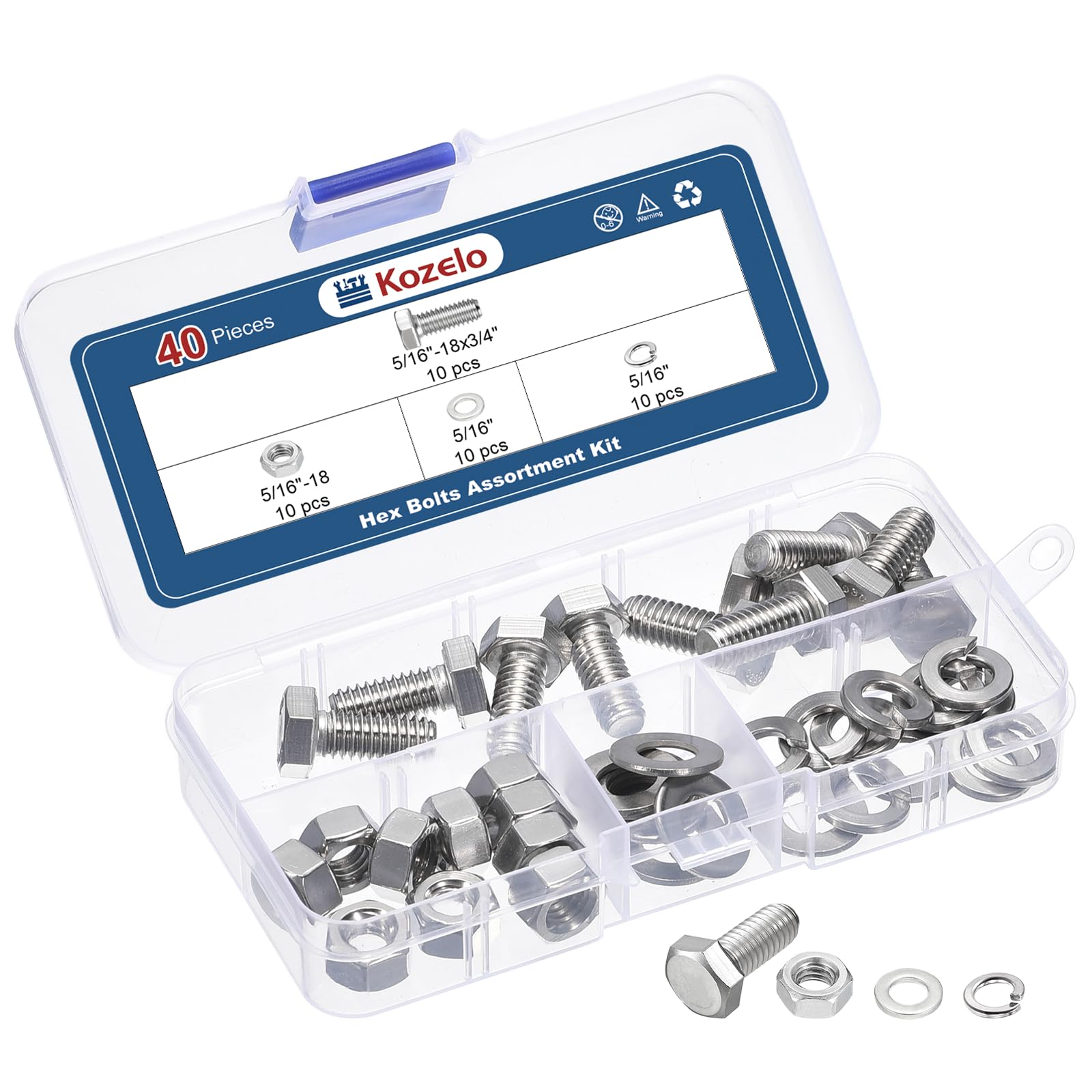 40 Pcs Bolts and Nuts Washers Kit - [5/16"-18x3/4"] 304 Stainless Steel Hex Tap Bolt Assortment Fully Threaded Hexagon Head Machine Bolt Right Hand External Hex Drive, Silver Tone