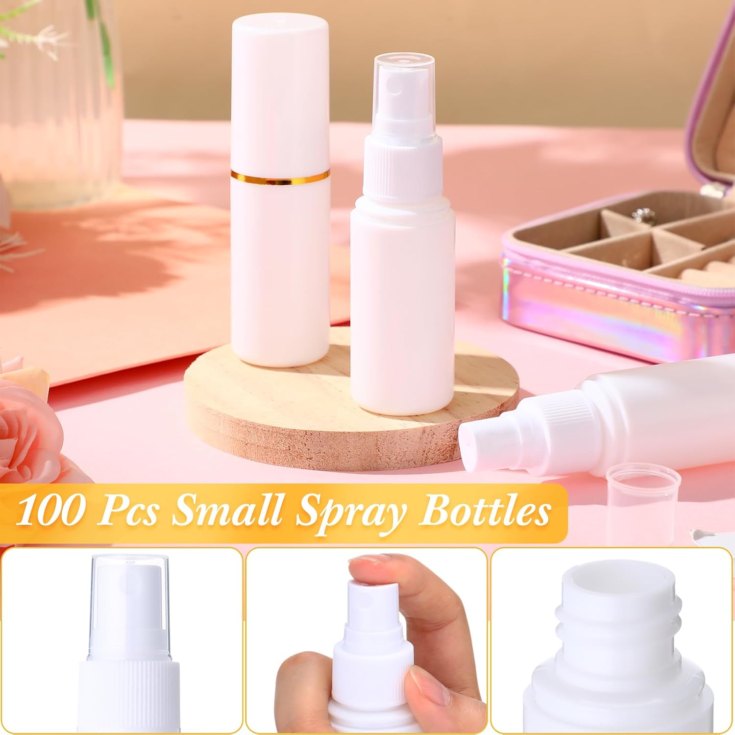 100 Pack 1 oz/30 ml Small Plastic Spray Bottles Fine Mist Mini Empty Travel Bottles with Pump Spray Cap Double Cap Liquid Containers for Essential Oils Cosmetic Perfume(White)